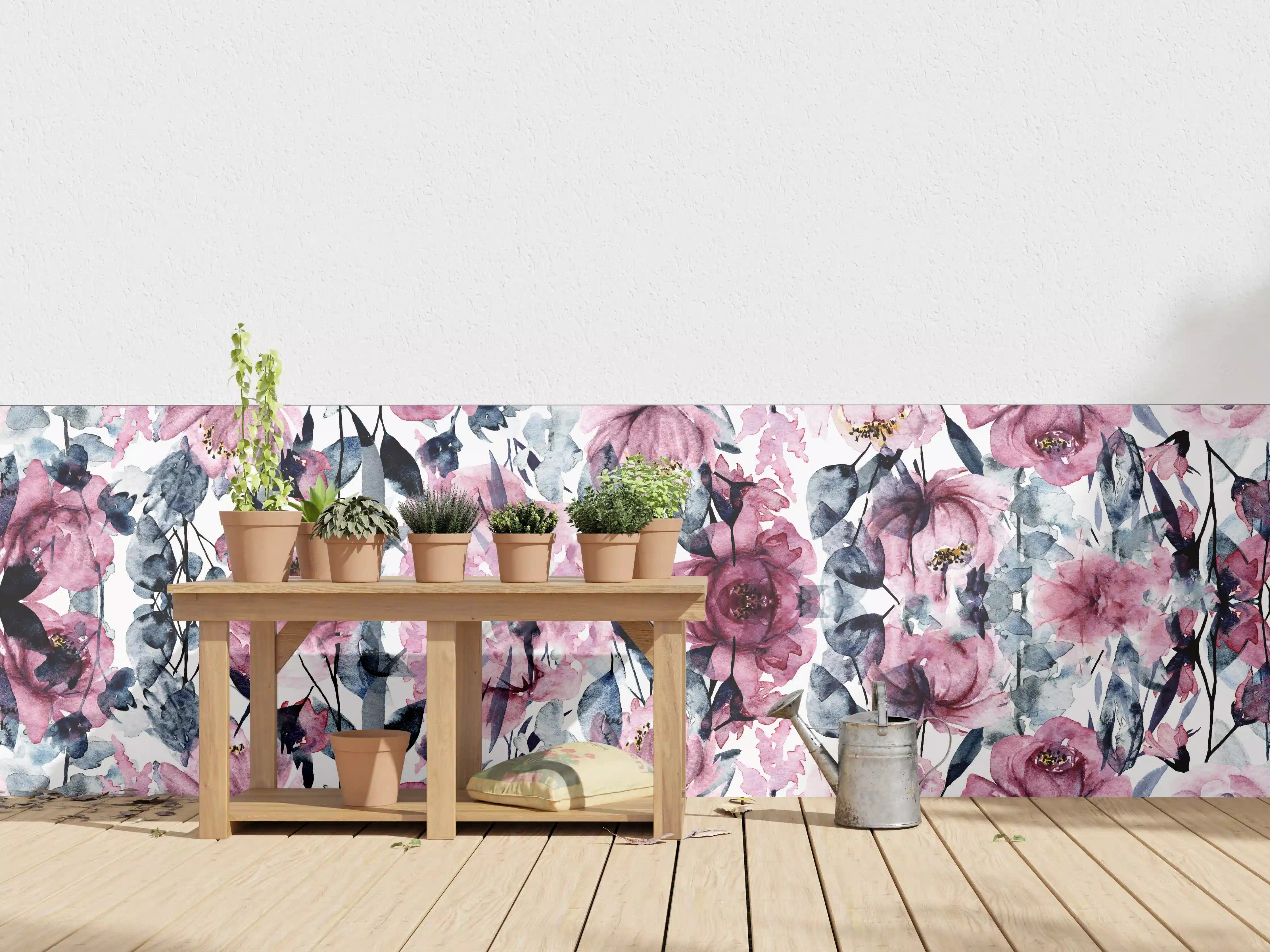 Wandverkleidung außen - Blumenmuster mit Rosa und Blau Akzenten
