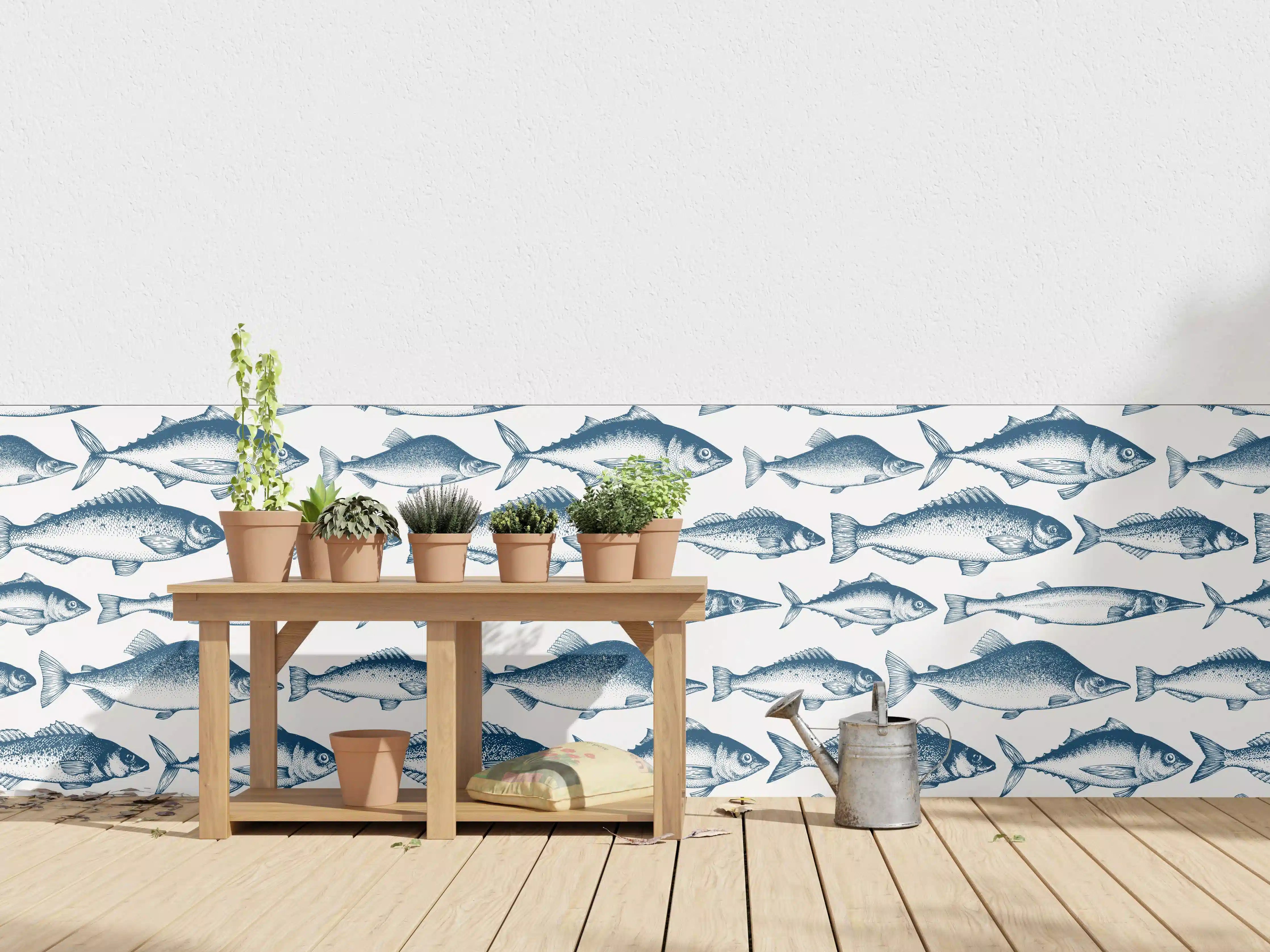 Wandverkleidung außen - Bunte Fischschule in Blau und Weiß