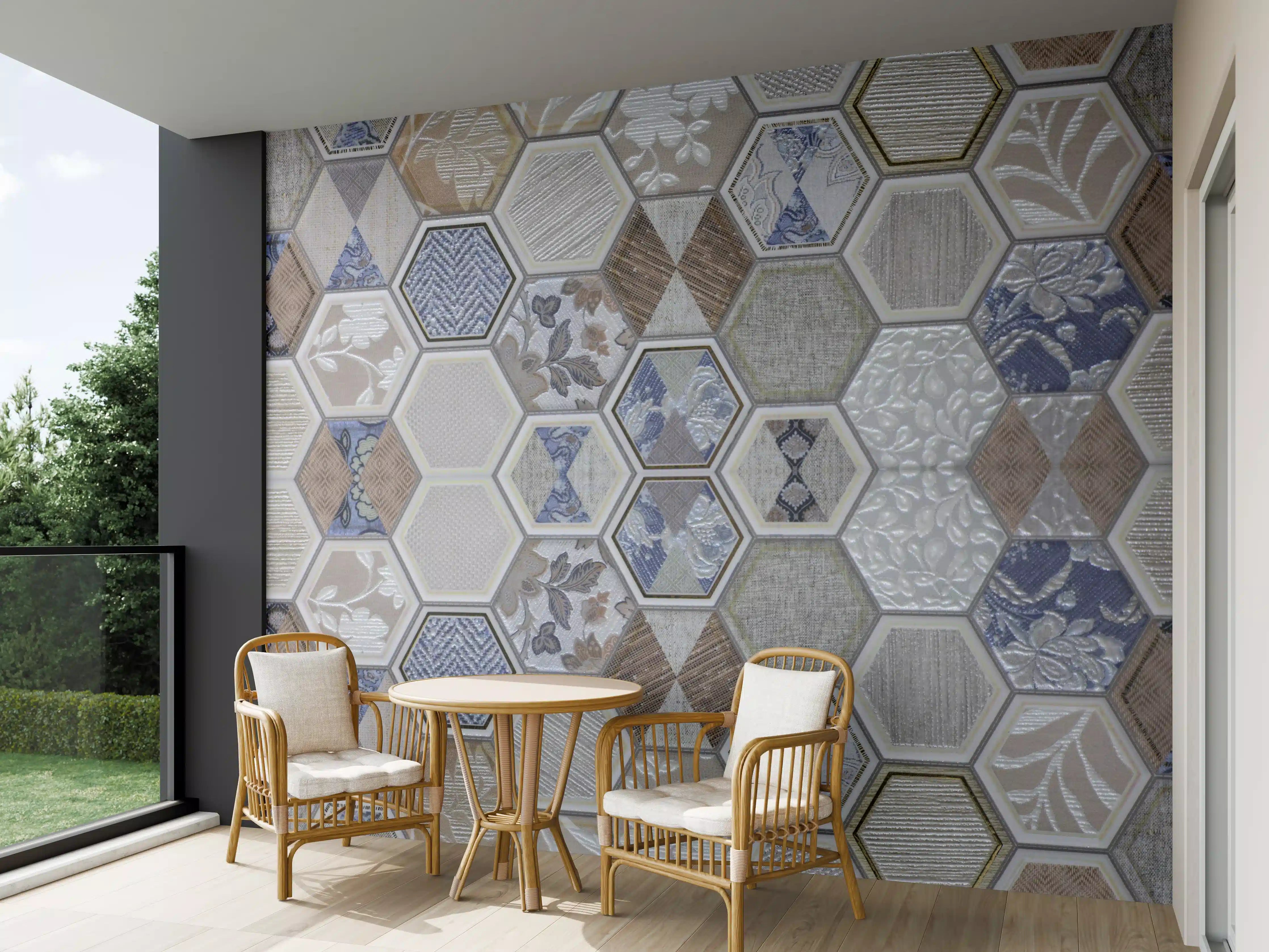 Wandverkleidung außen - Bunte Fliesenmuster in Hexagon-Form