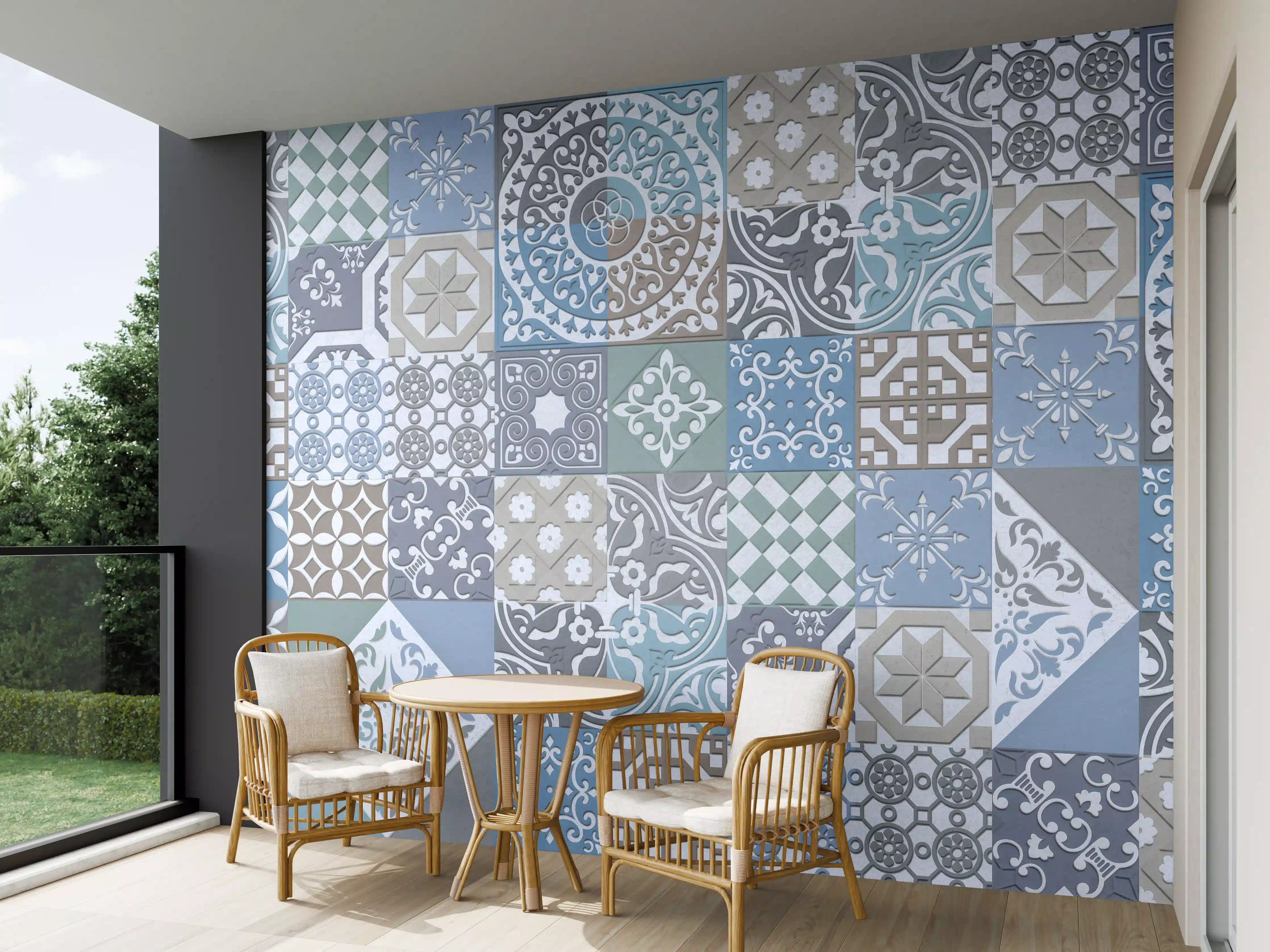 Wandverkleidung außen - Bunte Fliesenmuster mit Blau- und Grautönen