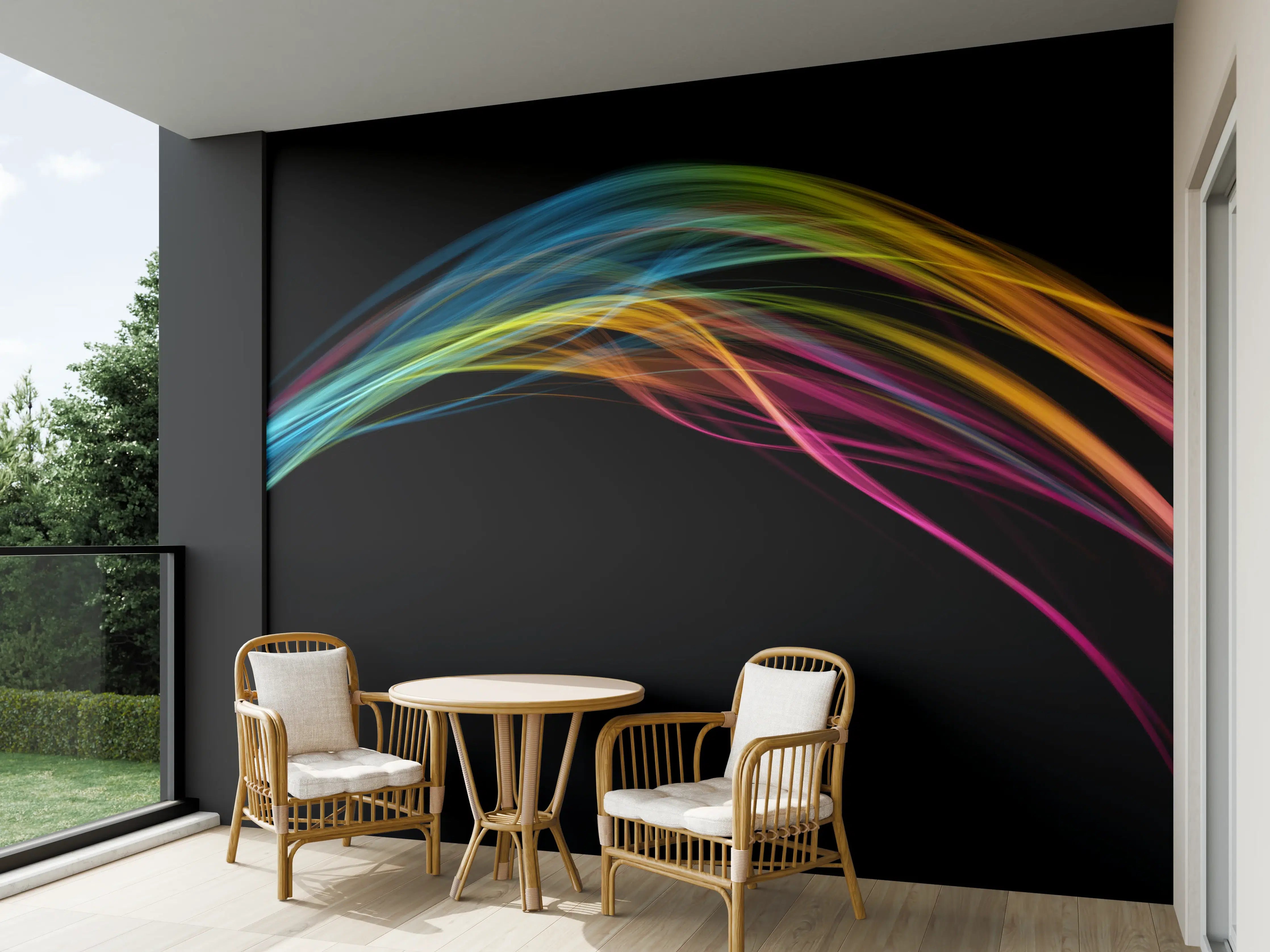 Wandverkleidung außen - Bunte Lichtwellen auf schwarzem Hintergrund