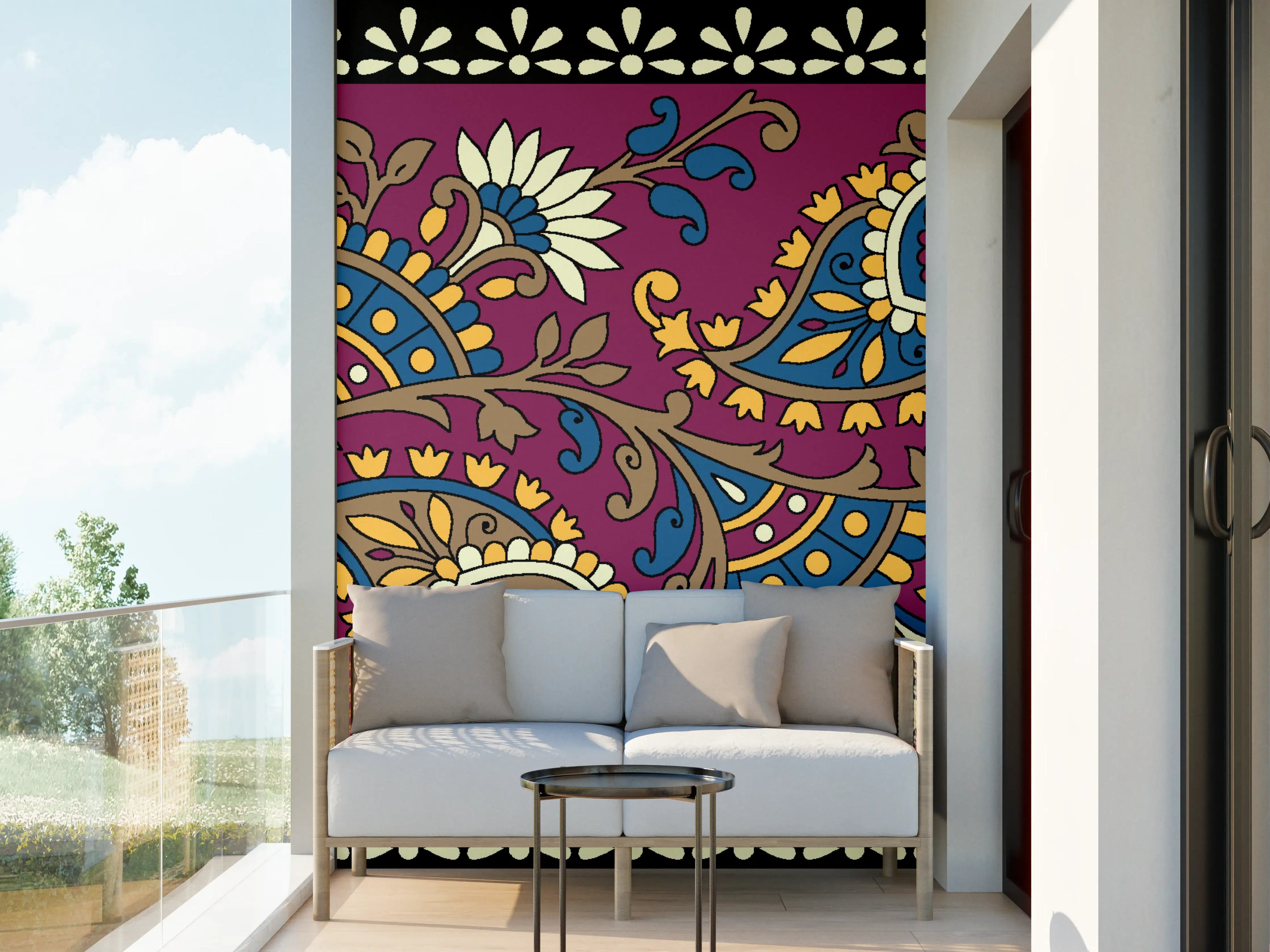 Wandverkleidung außen - Bunte Paisley Muster in Gold und Türkis