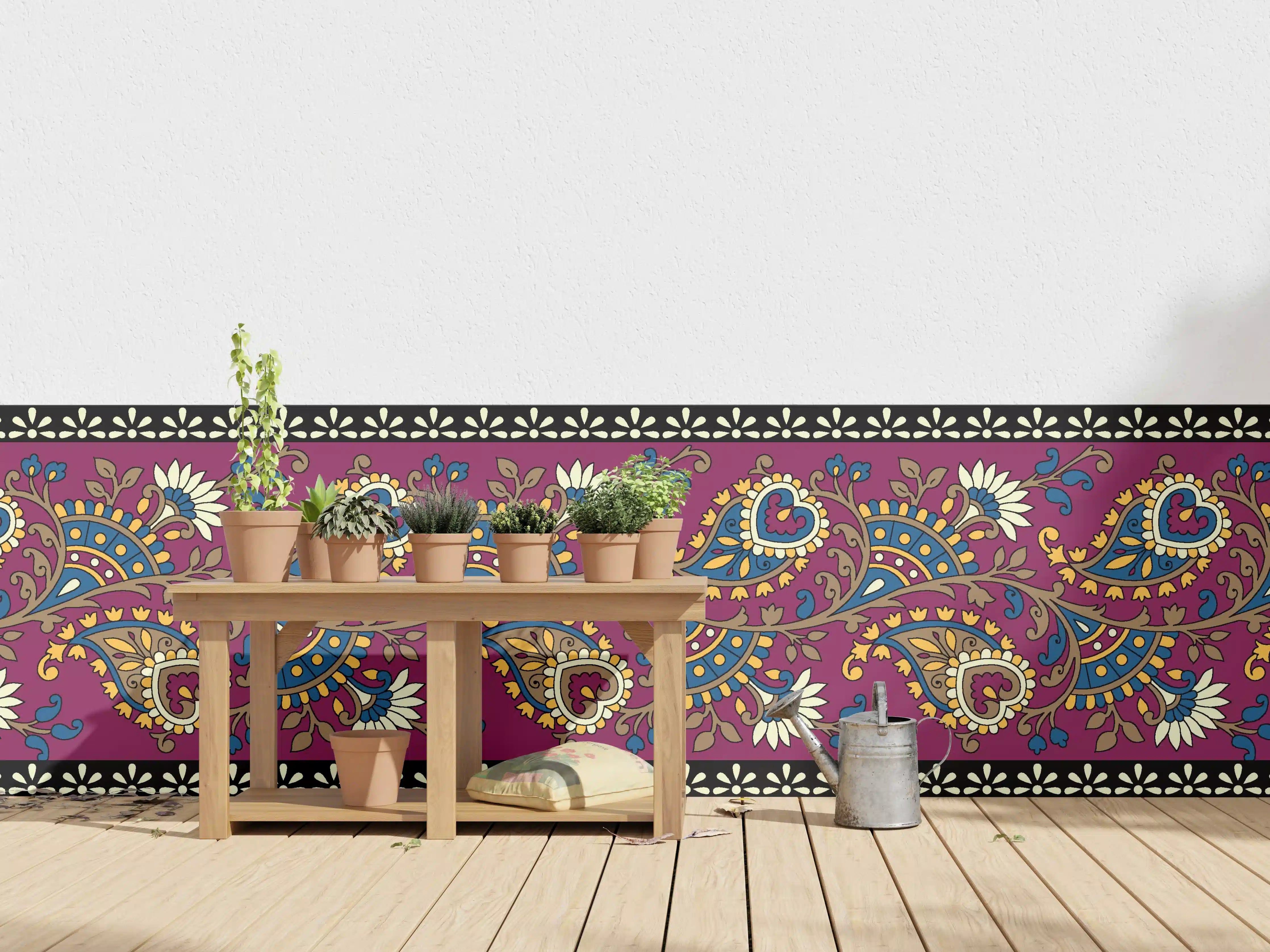 Wandverkleidung außen - Bunte Paisley Muster in Gold und Türkis