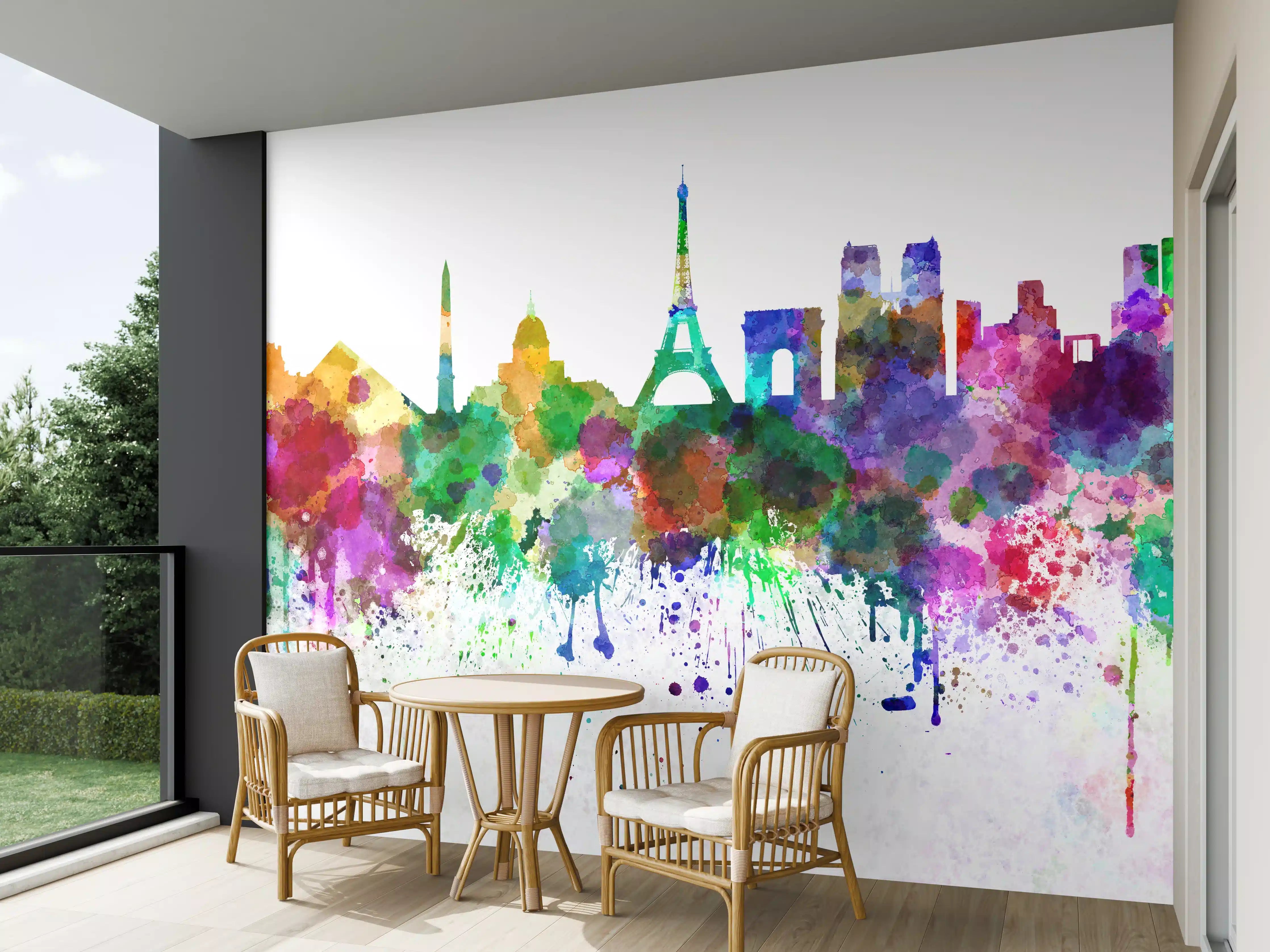 Wandverkleidung außen - Bunte Paris Skyline Aquarell
