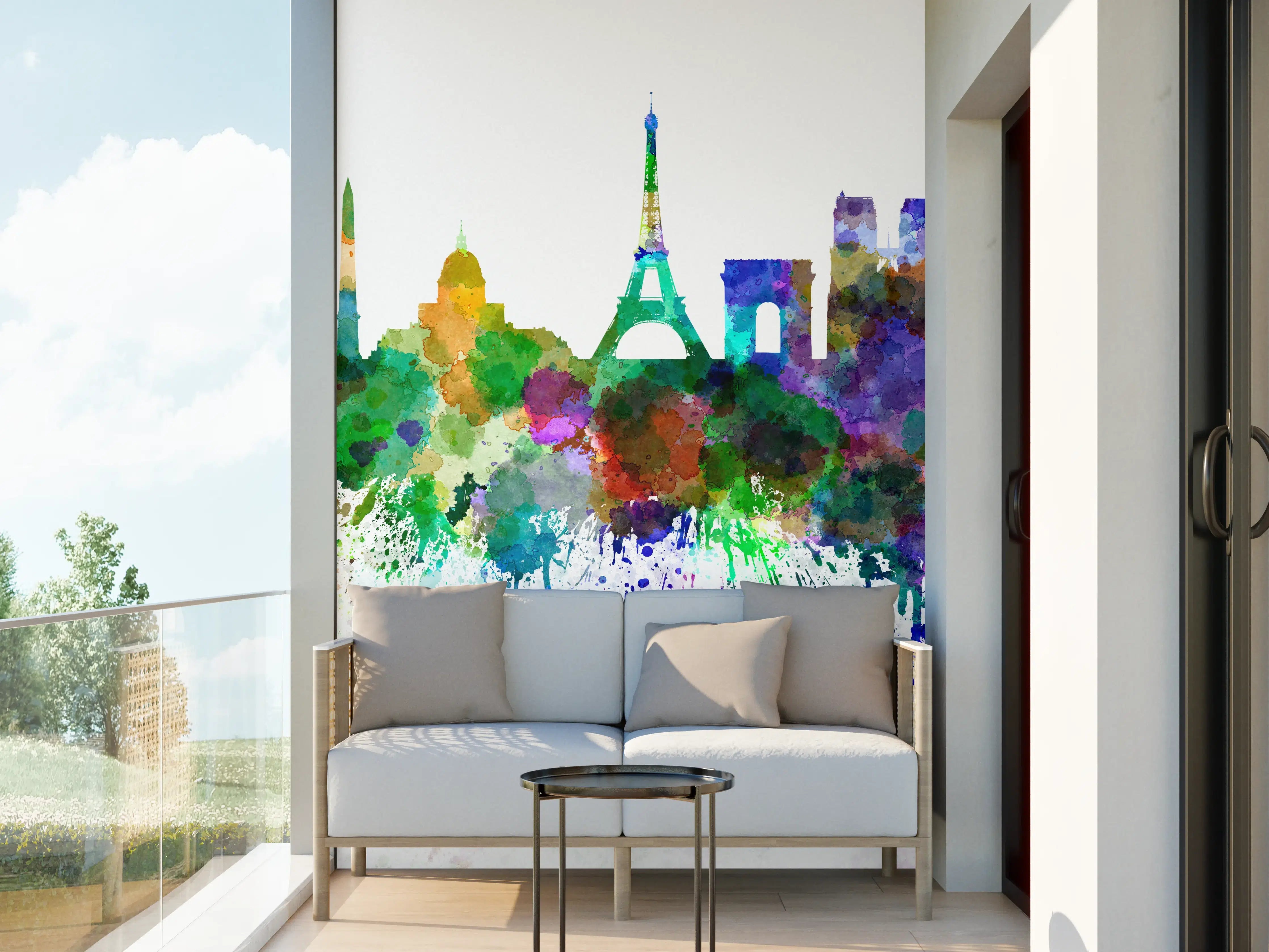 Wandverkleidung außen - Bunte Paris Skyline Aquarell