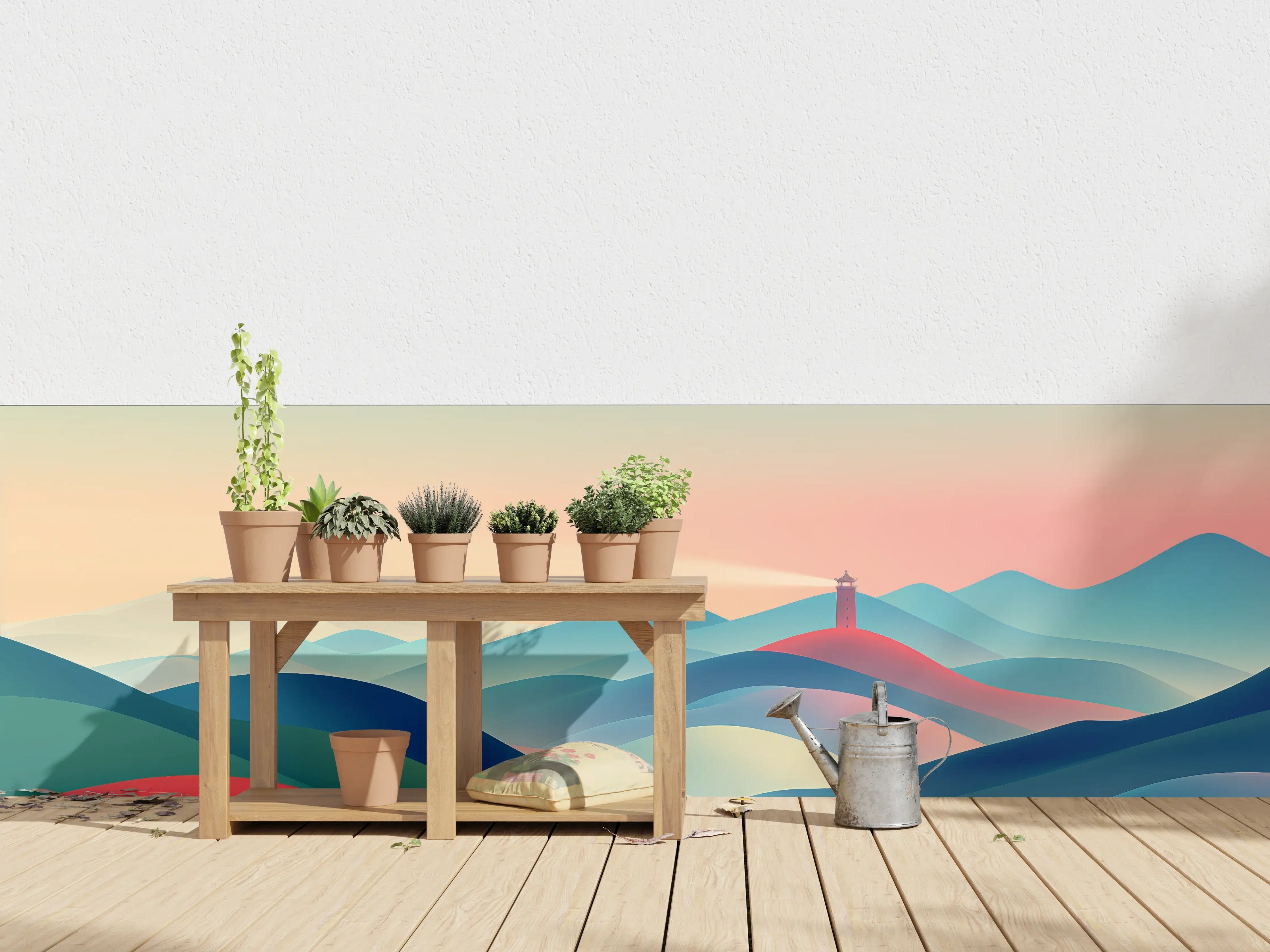 Wandverkleidung außen - Bunte abstrakte Landschaft mit Leuchtturm
