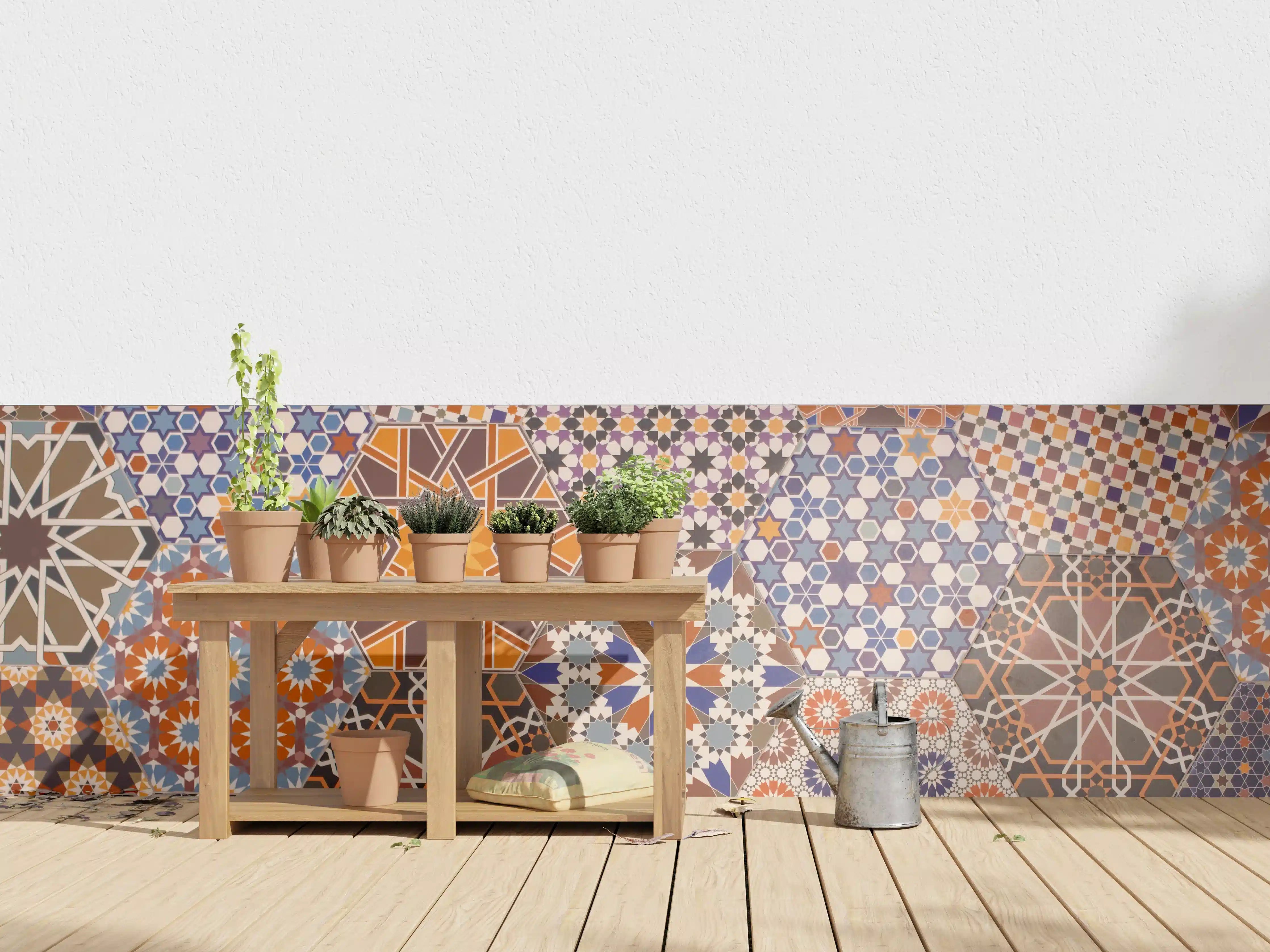 Wandverkleidung außen - Bunte geometrische Fliesenmuster in warmen Erdtönen