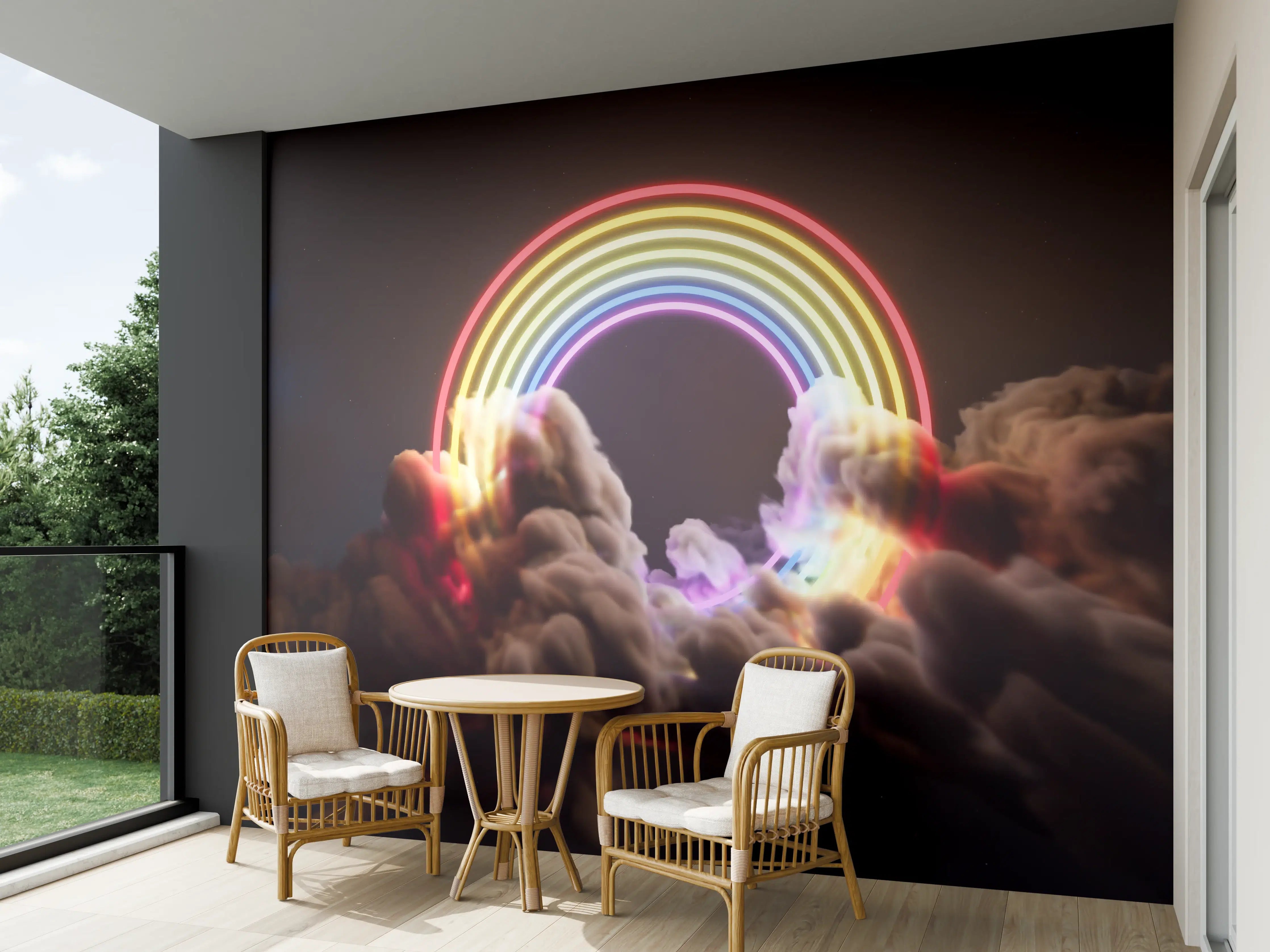 Wandverkleidung außen - Bunter Neon-Regenbogen auf Wolken
