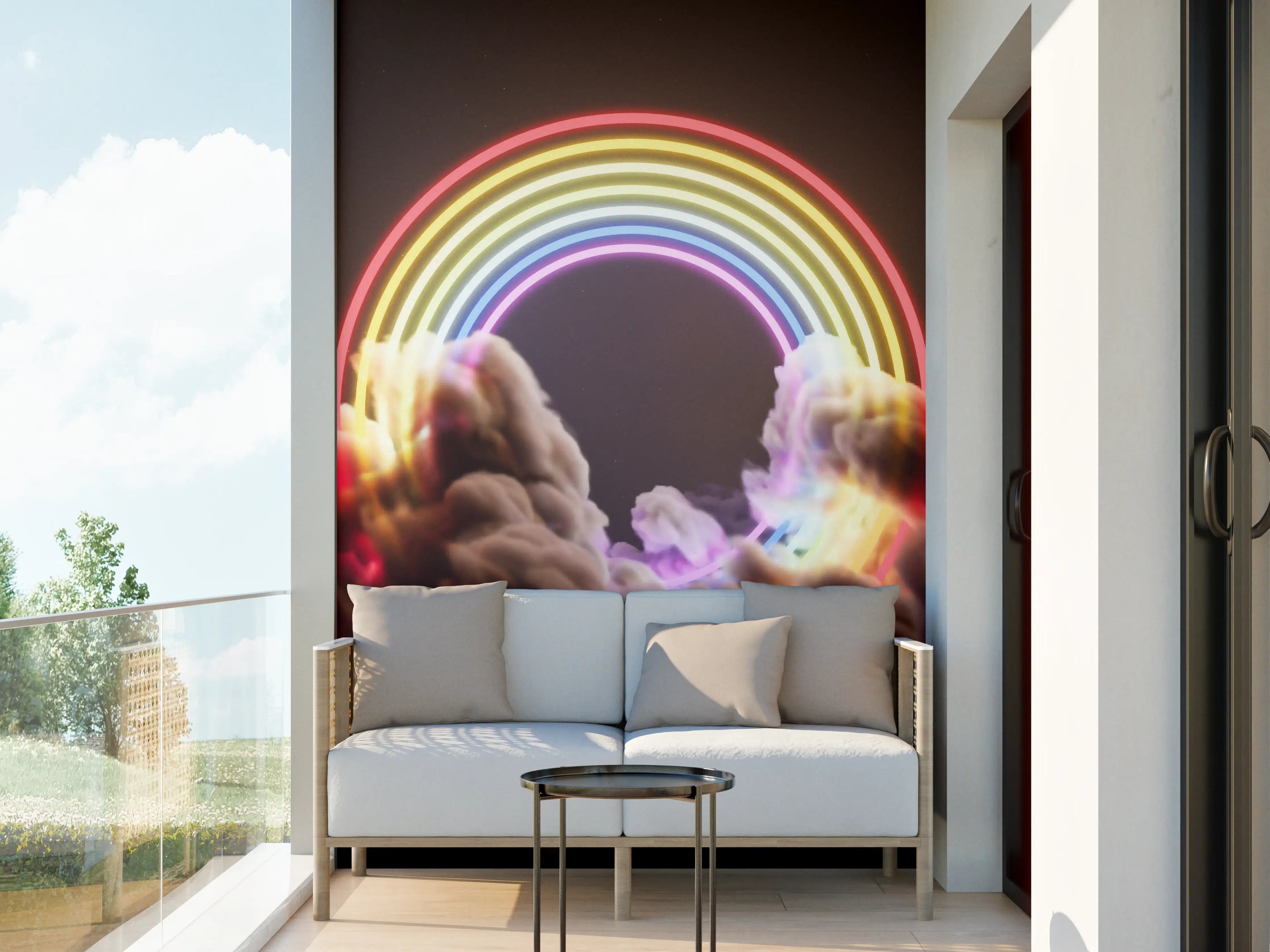 Wandverkleidung außen - Bunter Neon-Regenbogen auf Wolken