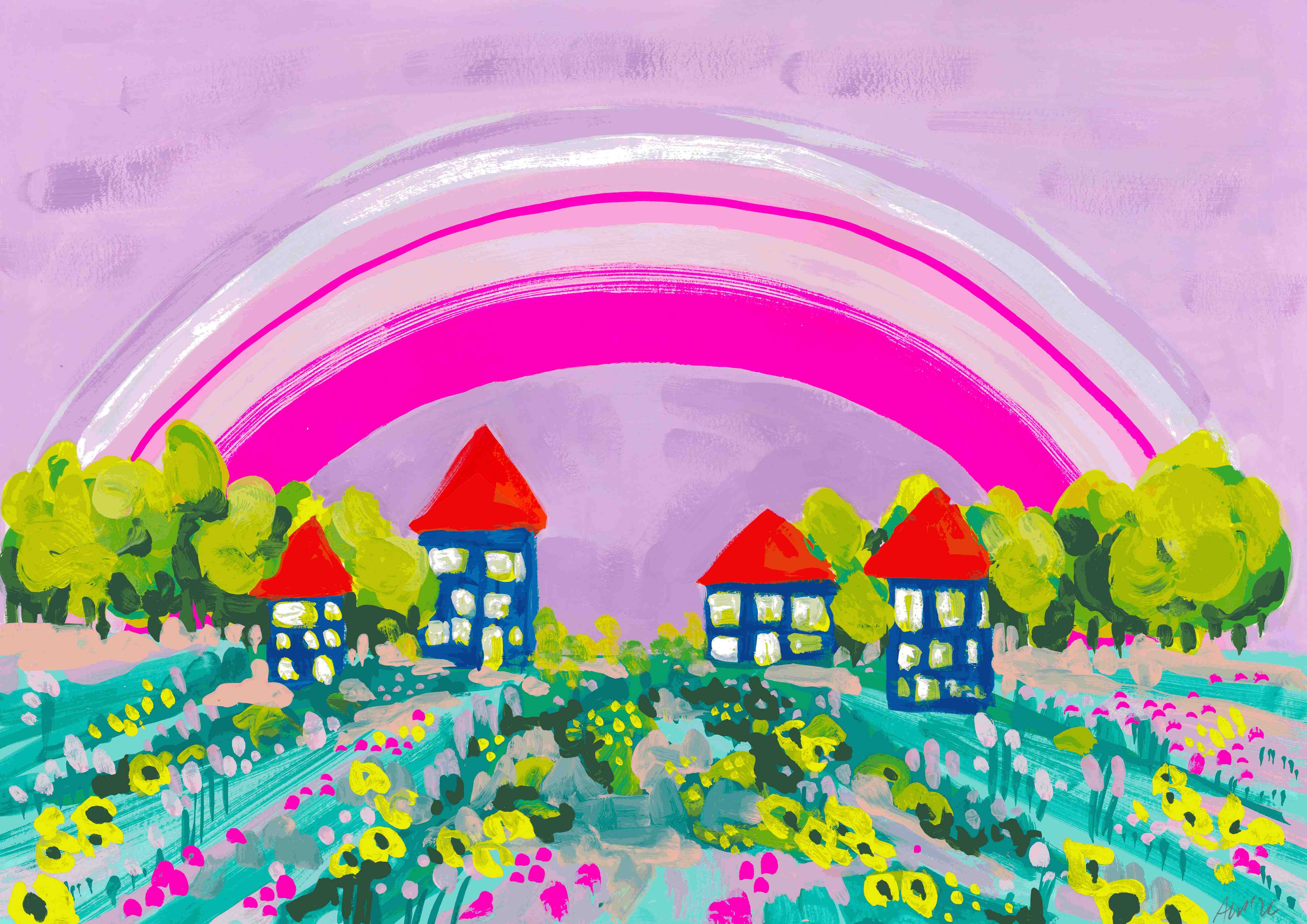 Wandverkleidung außen-Buntes Dorf mit Regenbogen