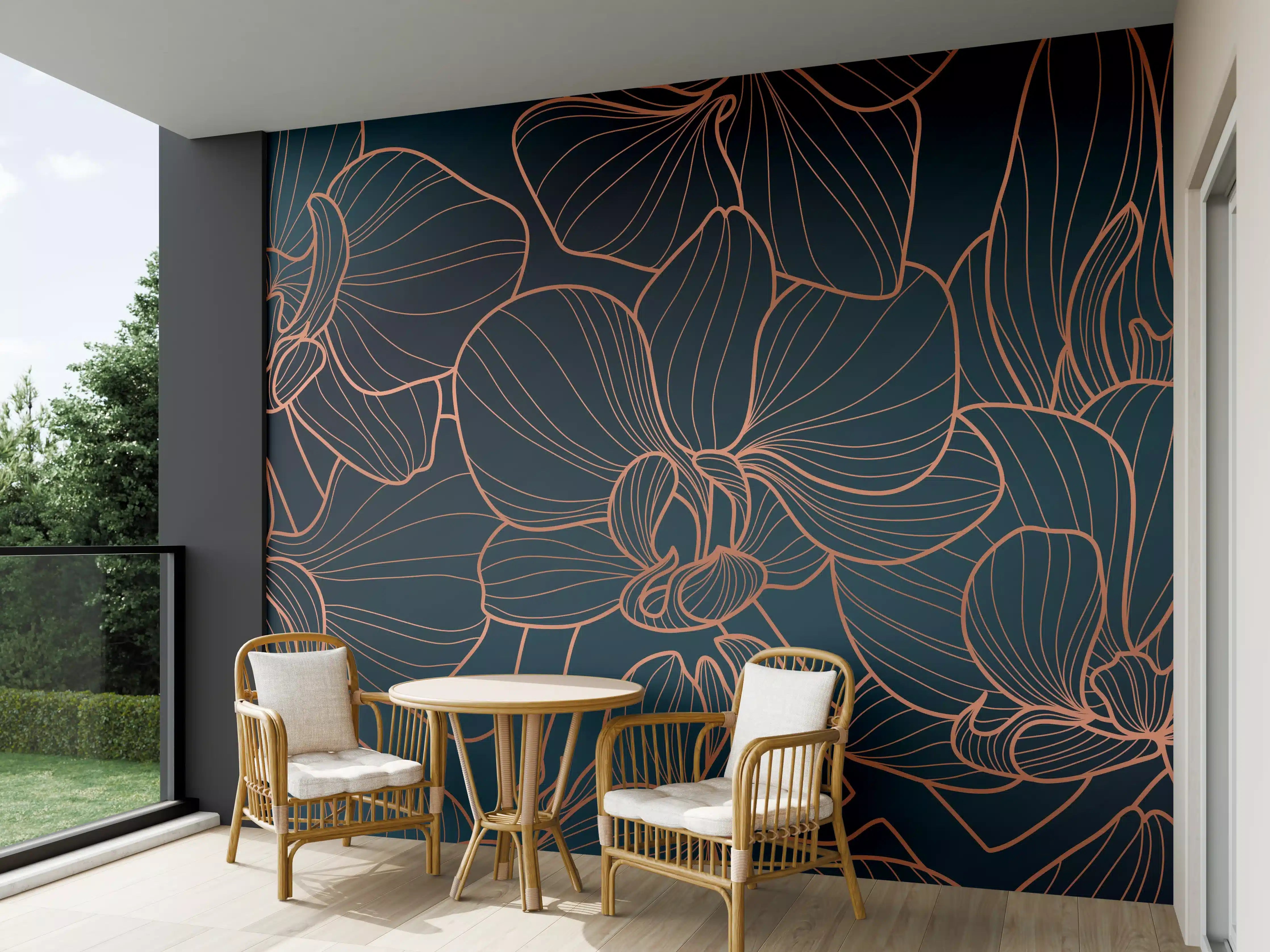 Wandverkleidung außen - Dunkelblaue Floral Linien Kunst