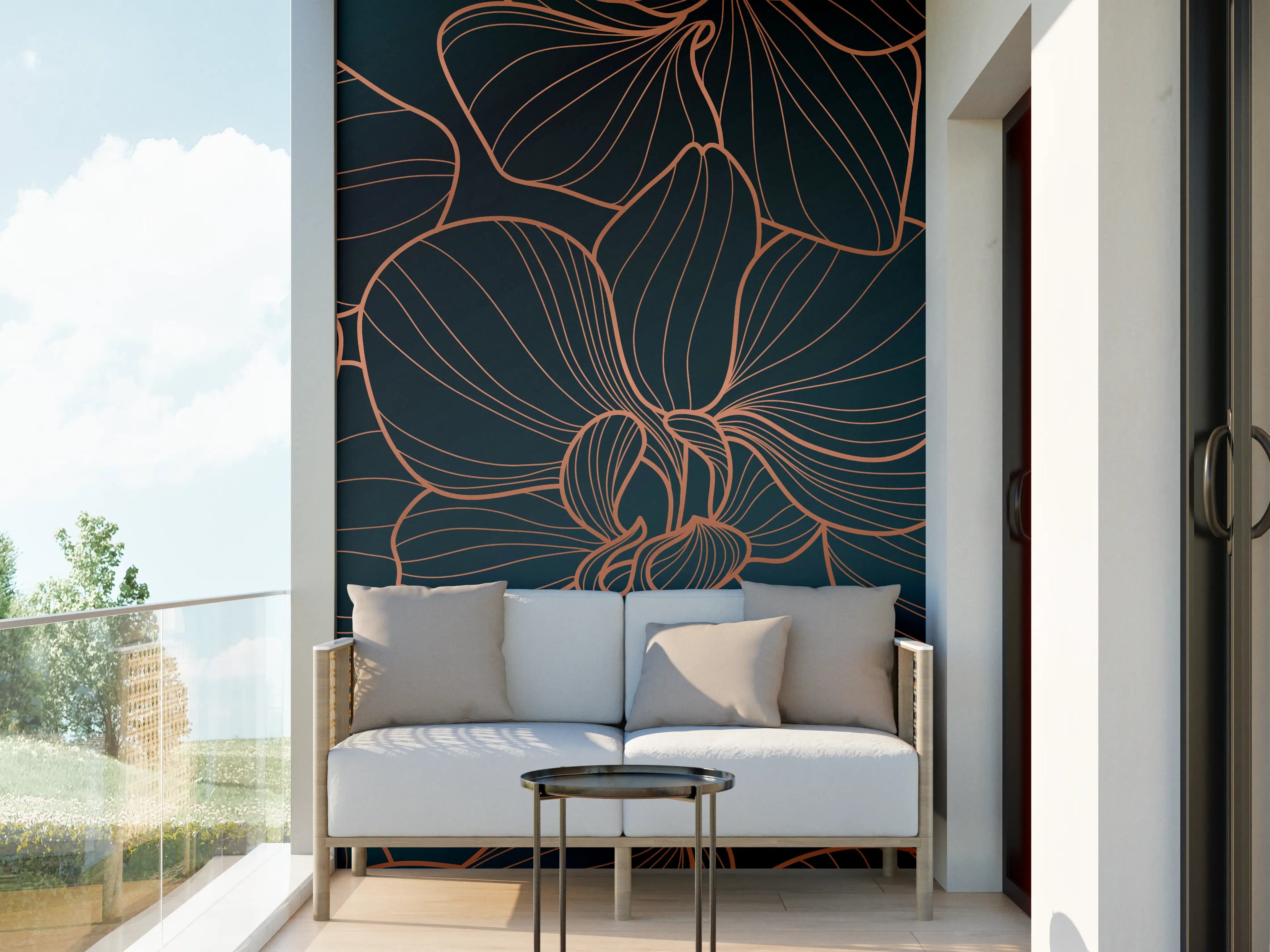 Wandverkleidung außen - Dunkelblaue Floral Linien Kunst