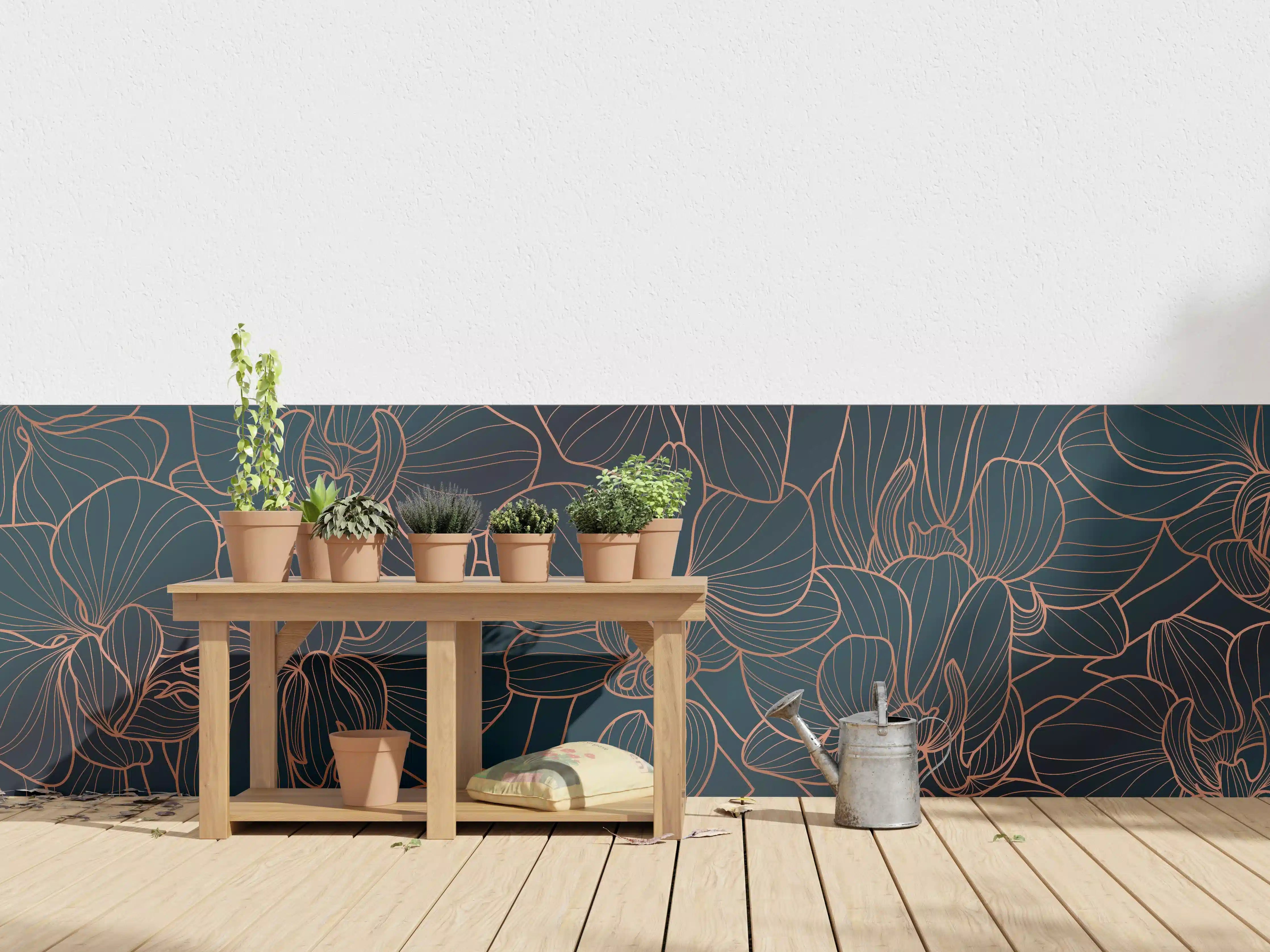Wandverkleidung außen - Dunkelblaue Floral Linien Kunst