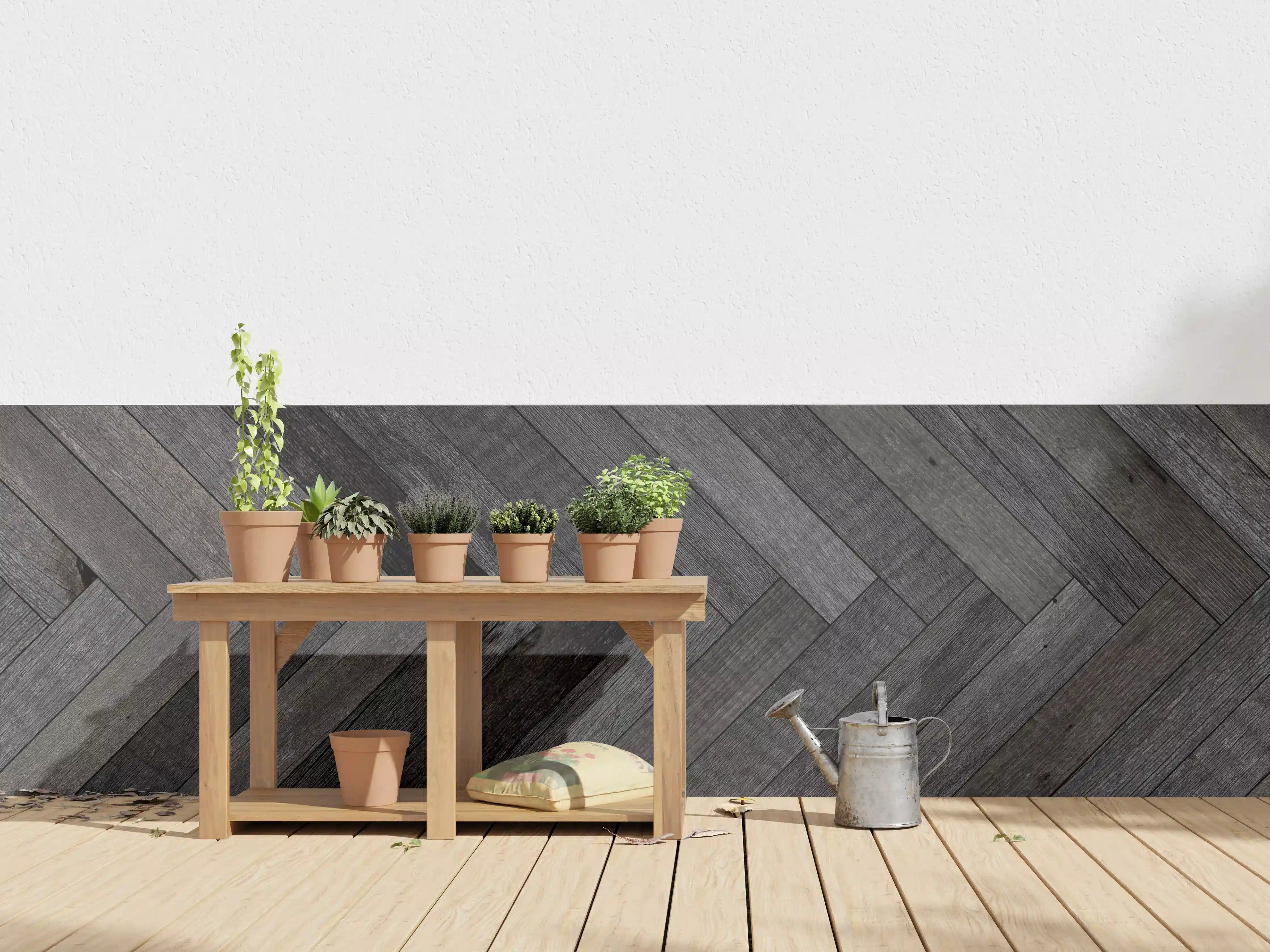 Wandverkleidung außen - Dunkle Holzparkett mit Zickzack-Muster