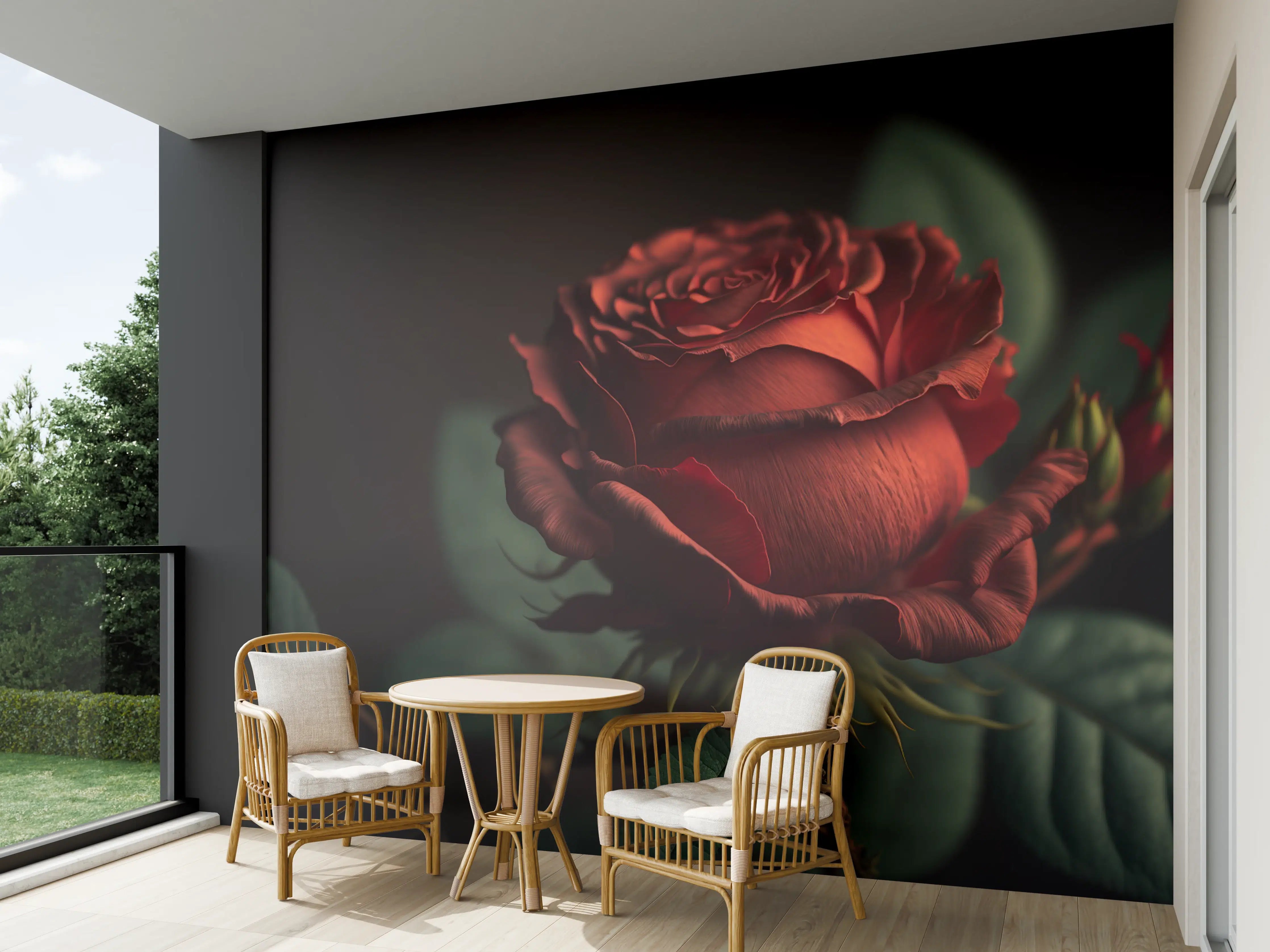 Wandverkleidung außen - Dunkle Rotgoldene Rose mit grünen Blättern