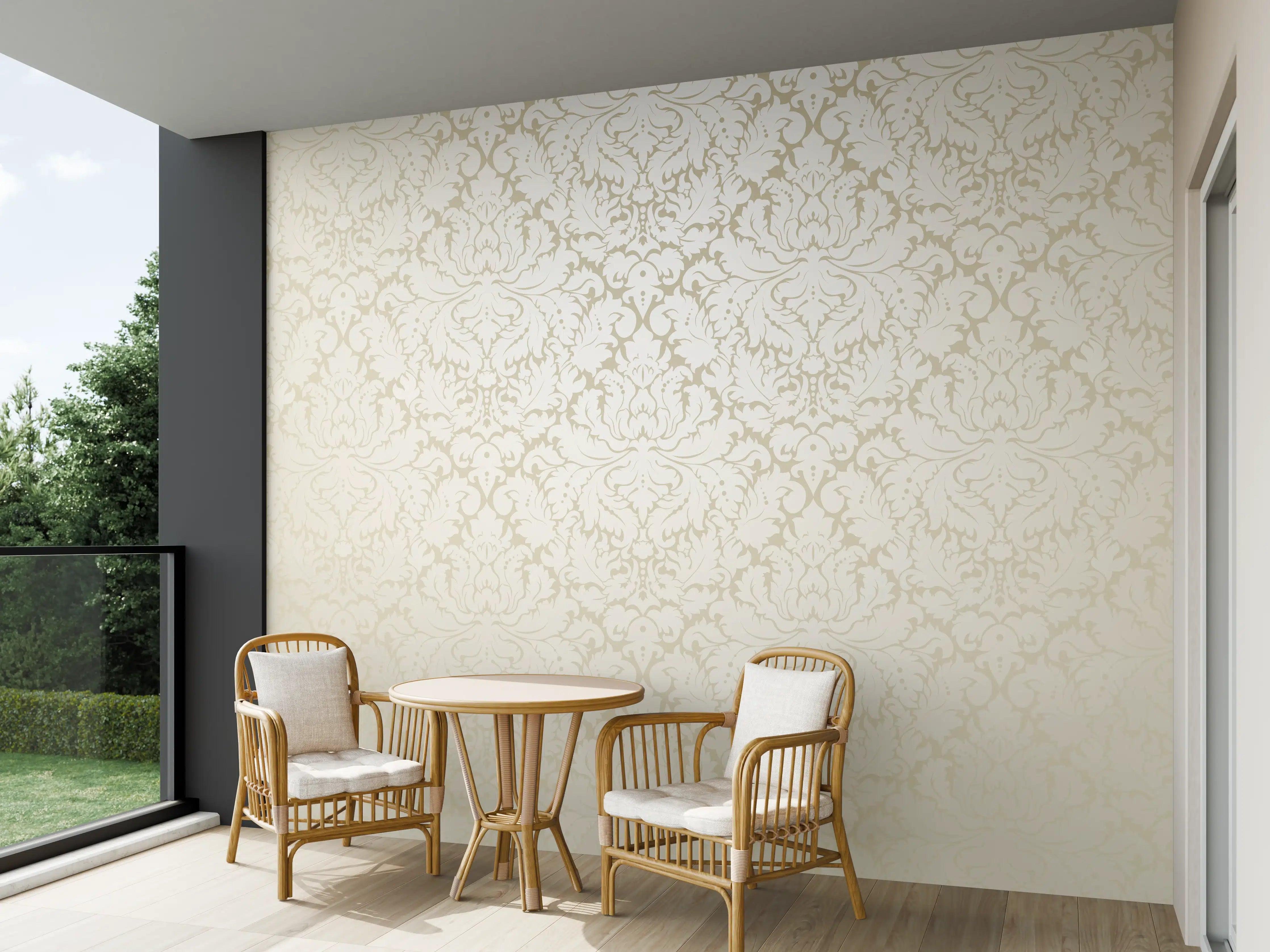Wandverkleidung außen - Edle Creme-Gold Damast-Tapete