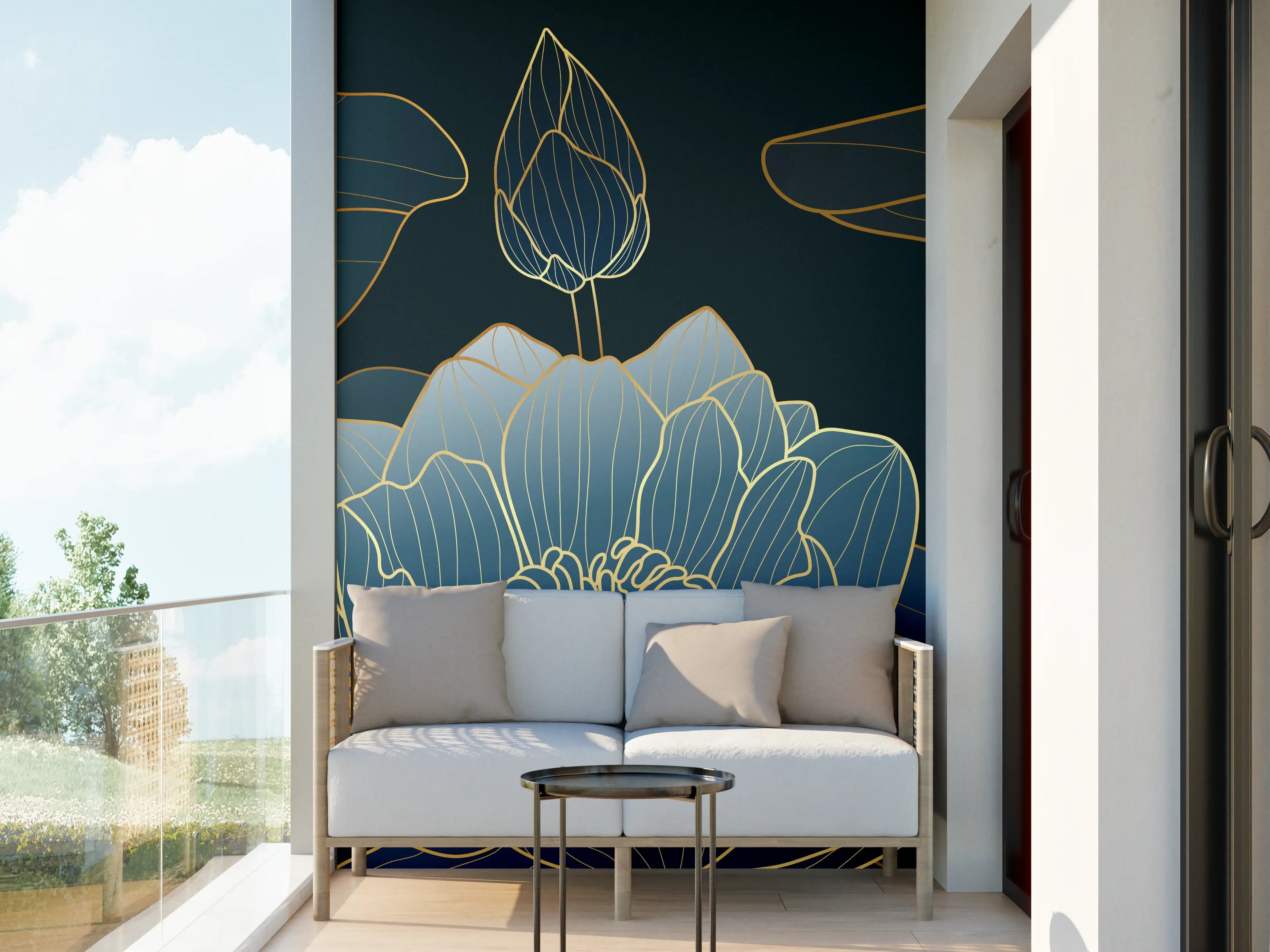 Wandverkleidung außen - Elegante Blau-Weiße Blumenillustration