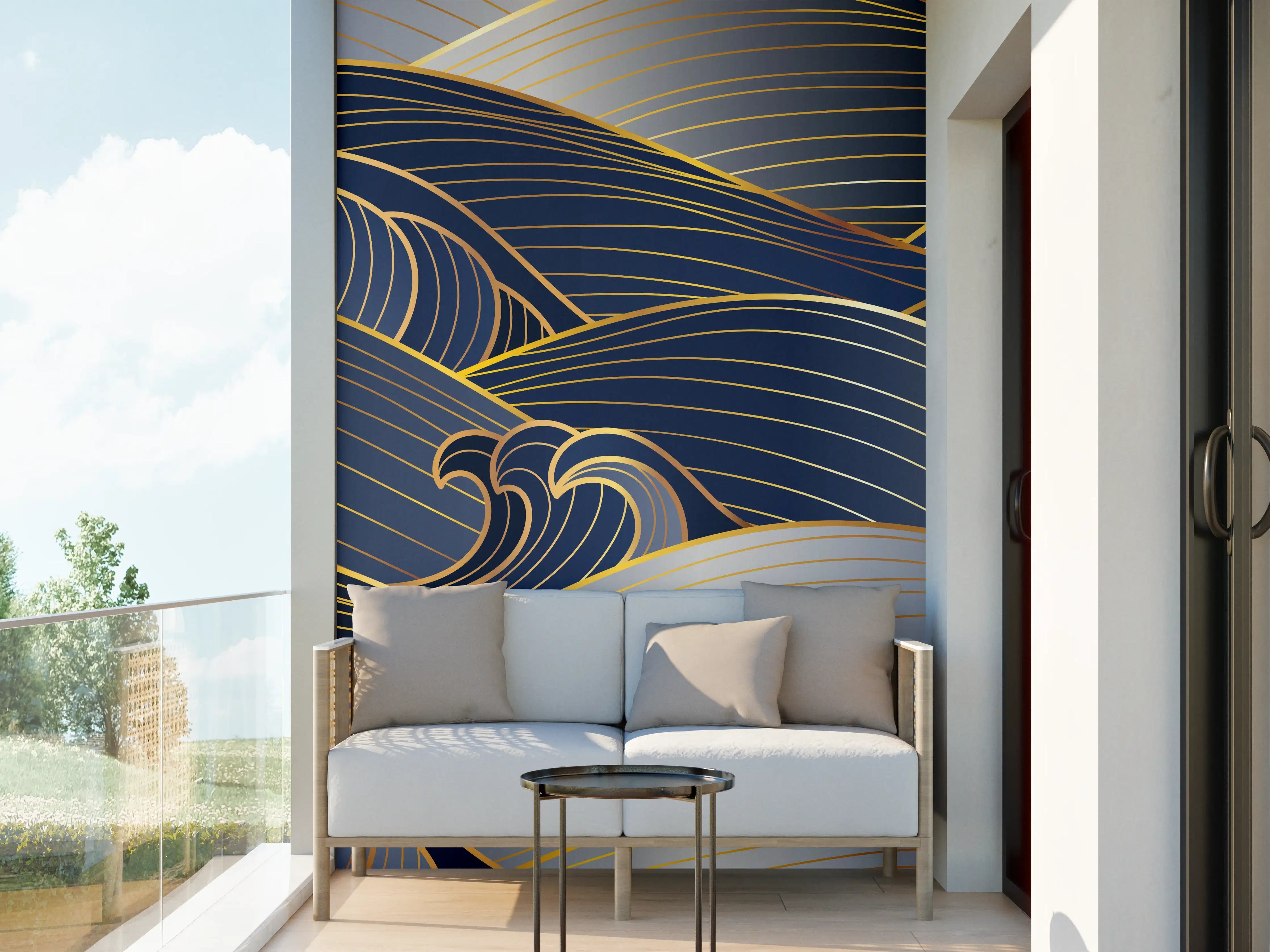 Wandverkleidung außen - Elegante Gold-Blau Wellentextur