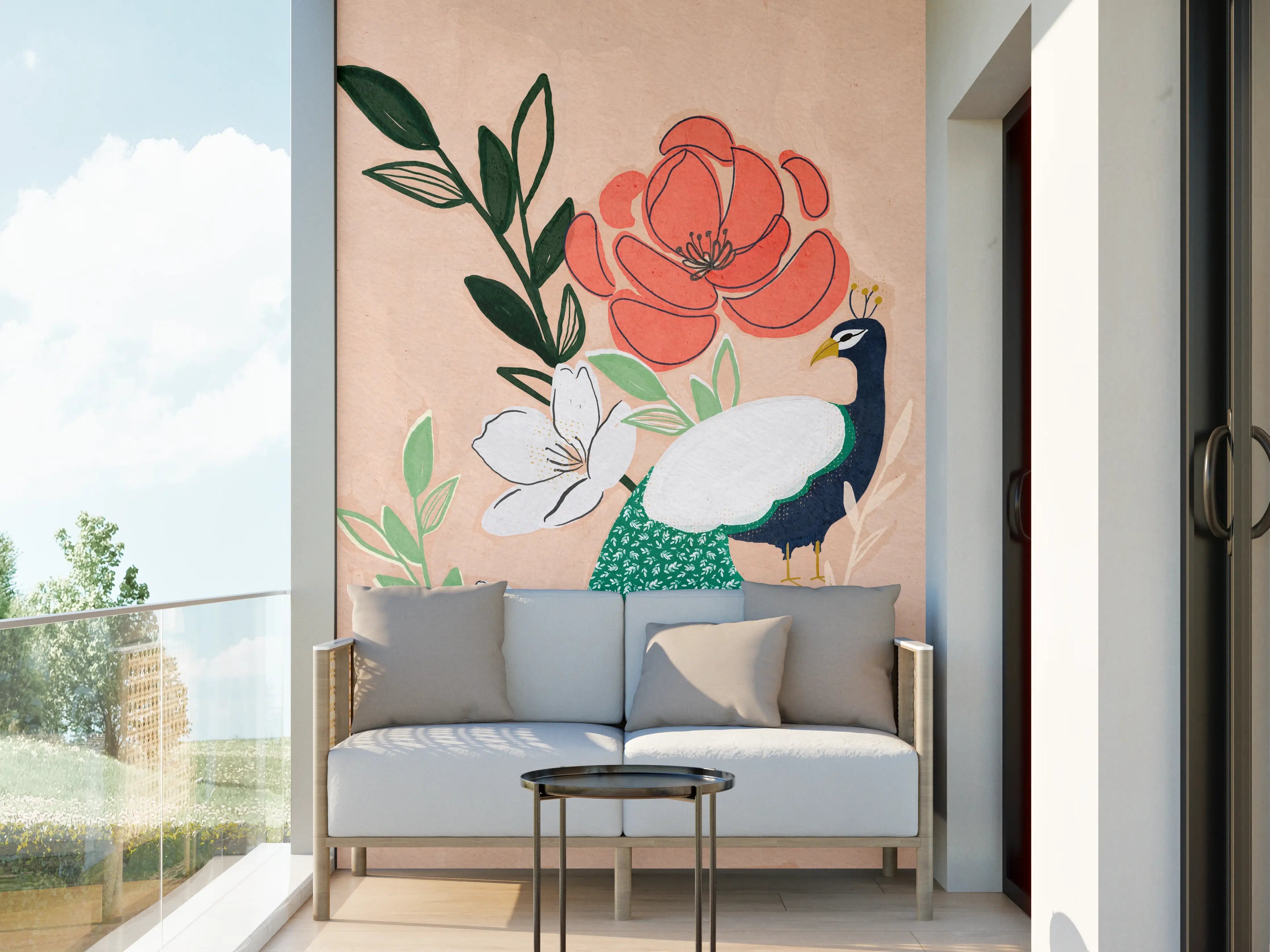 Wandverkleidung außen - Elegante Pfauenfeder mit Blüten in Pastellfarben