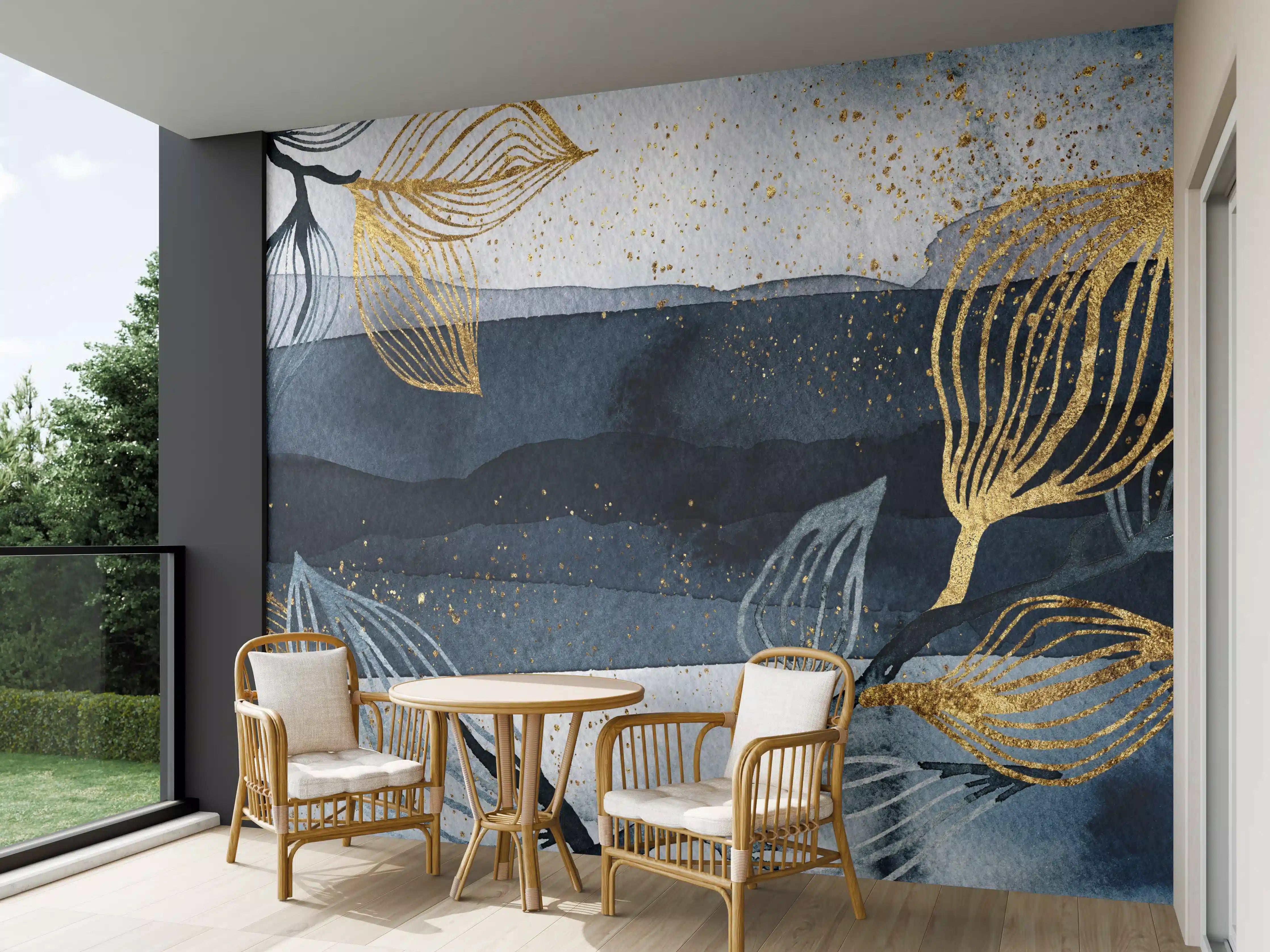 Wandverkleidung außen - Elegante Wasserfarben-Äste mit goldenen Akzenten