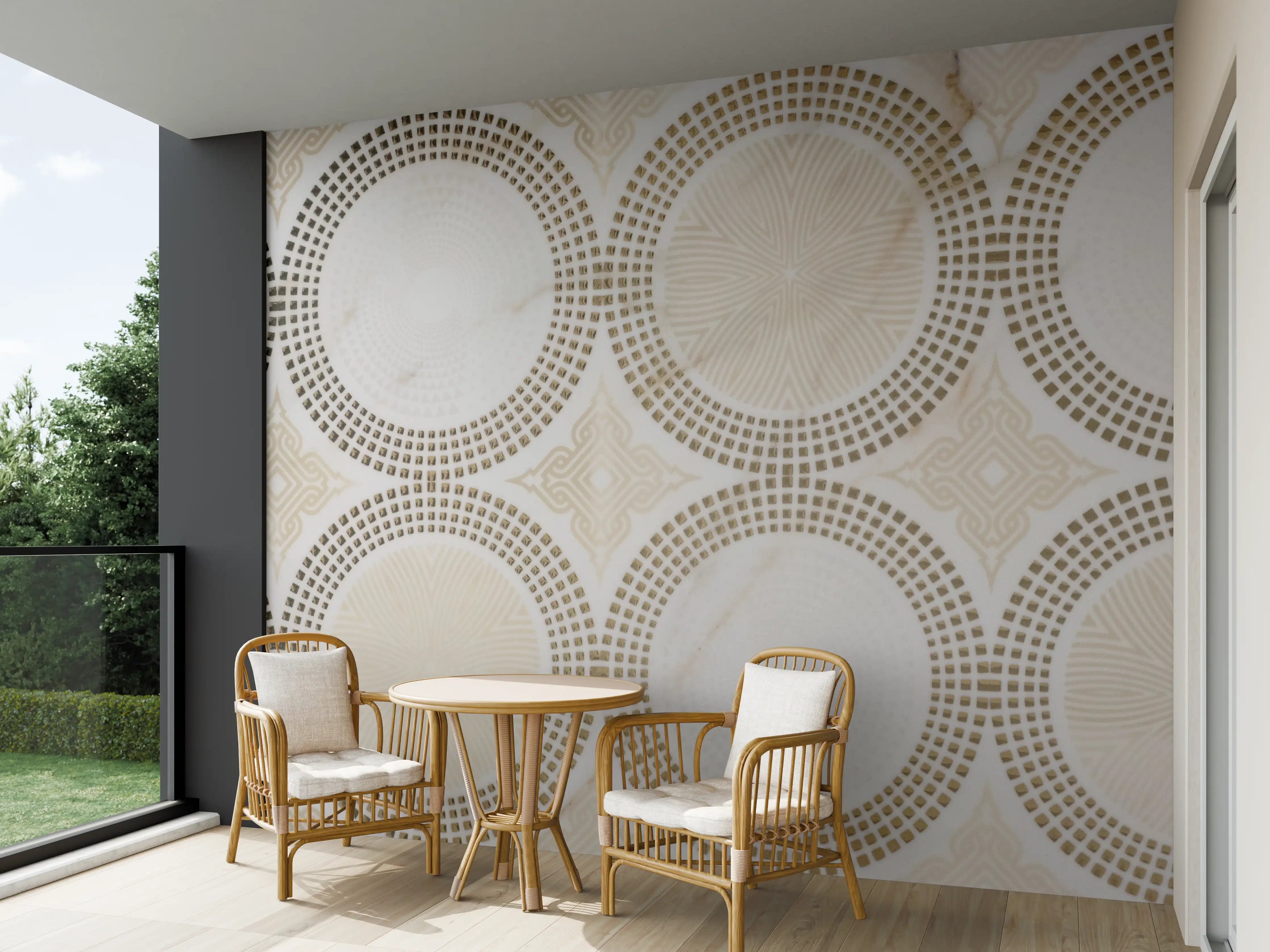 Wandverkleidung außen - Elegante beige Mosaikfliesen mit Musterdetails