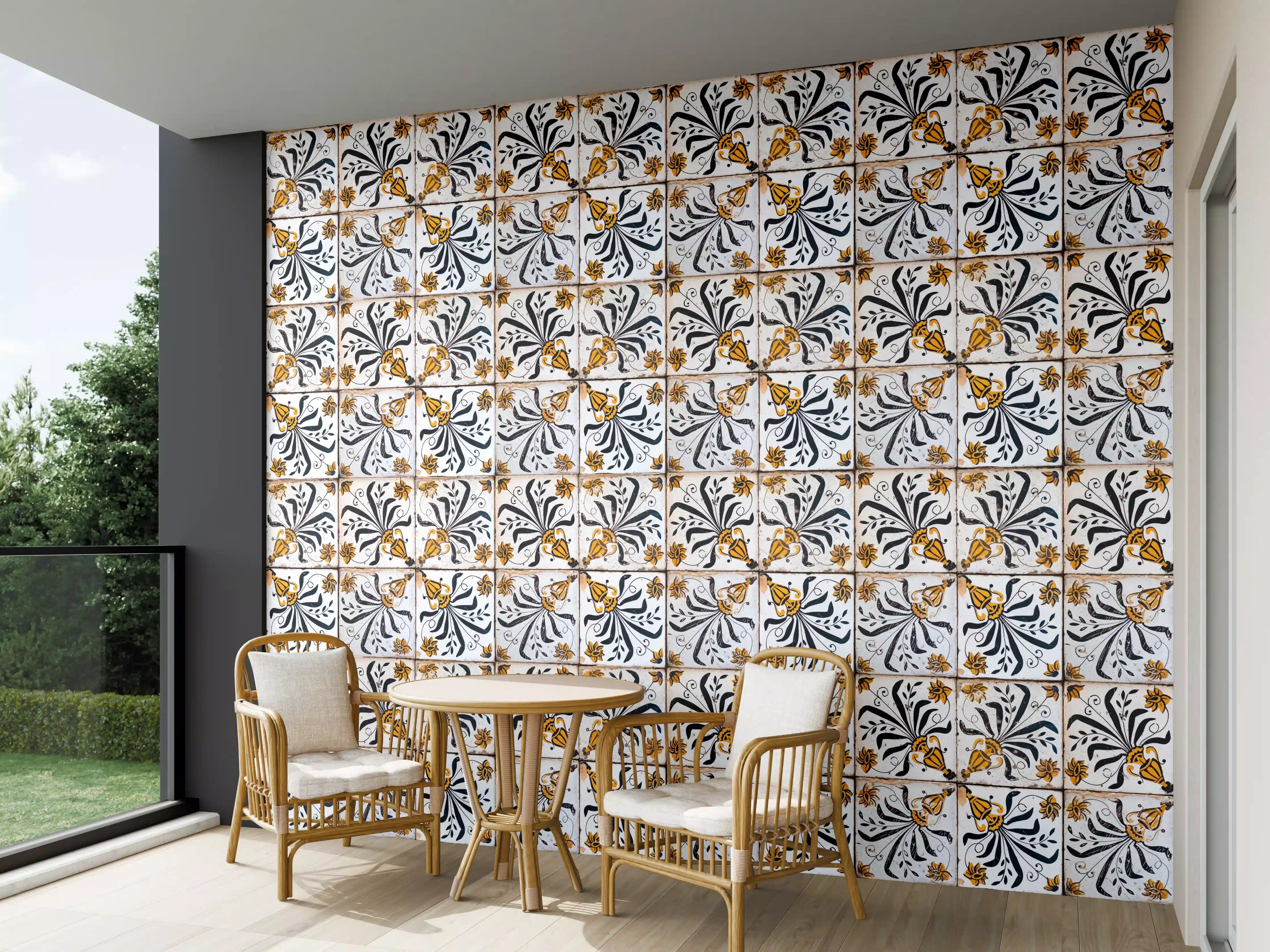 Wandverkleidung außen - Elegante, gold- und blauschwarz verzierte Fliesen mit floralem Muster