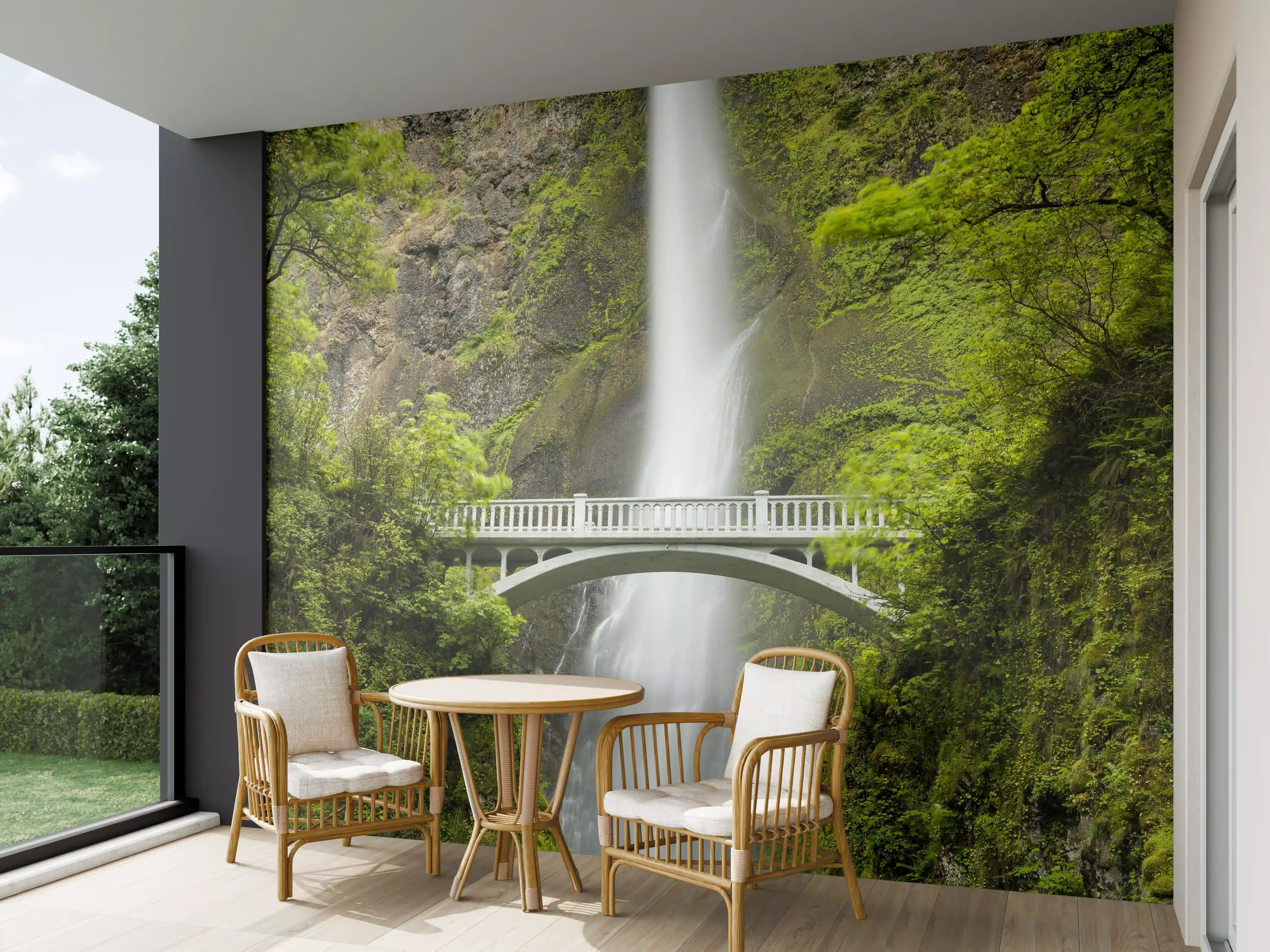 Wandverkleidung außen - Erhabene grüne Wasserfall Landschaft mit sanften Grautönen