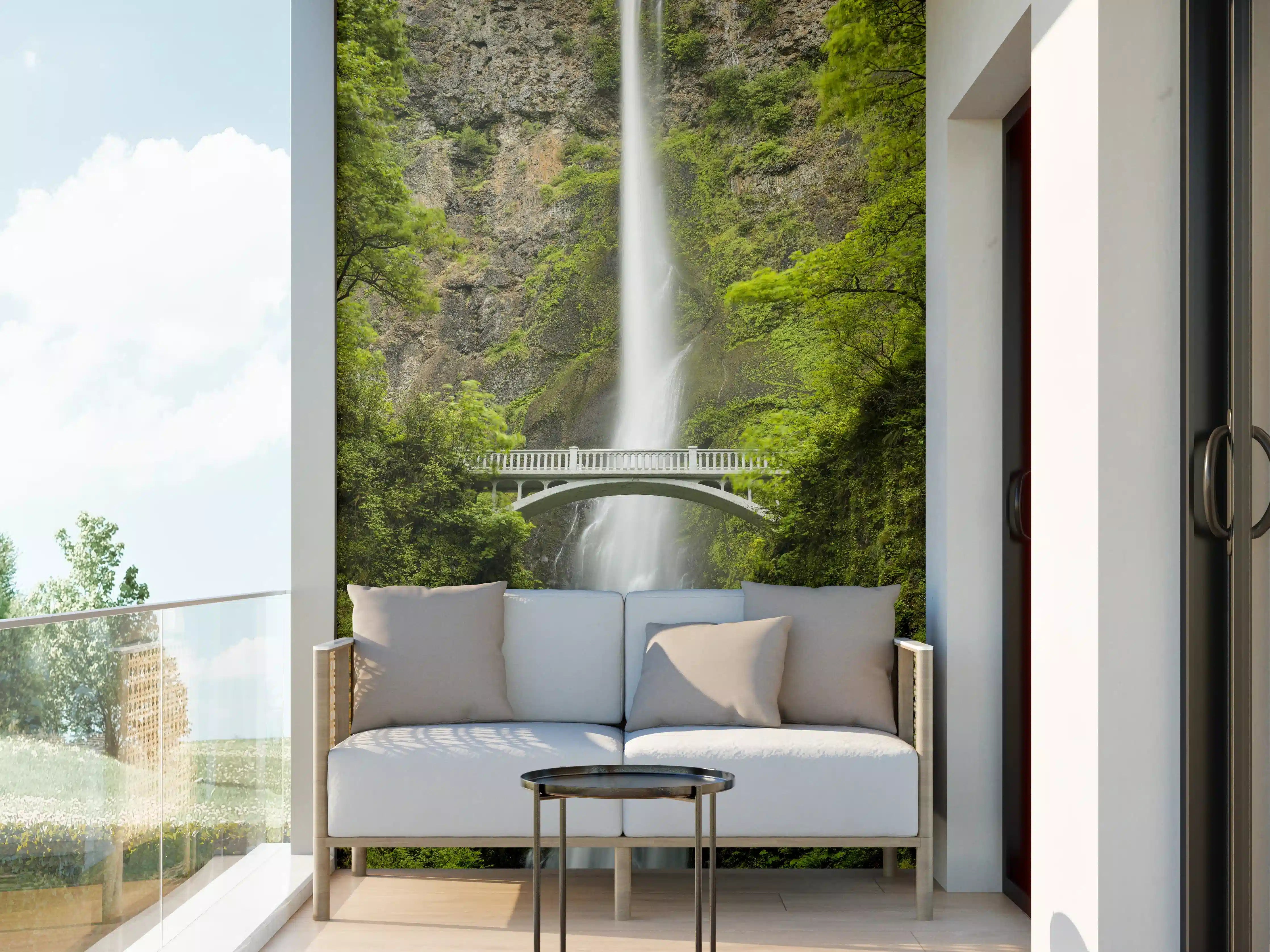Wandverkleidung außen - Erhabene grüne Wasserfall Landschaft mit sanften Grautönen