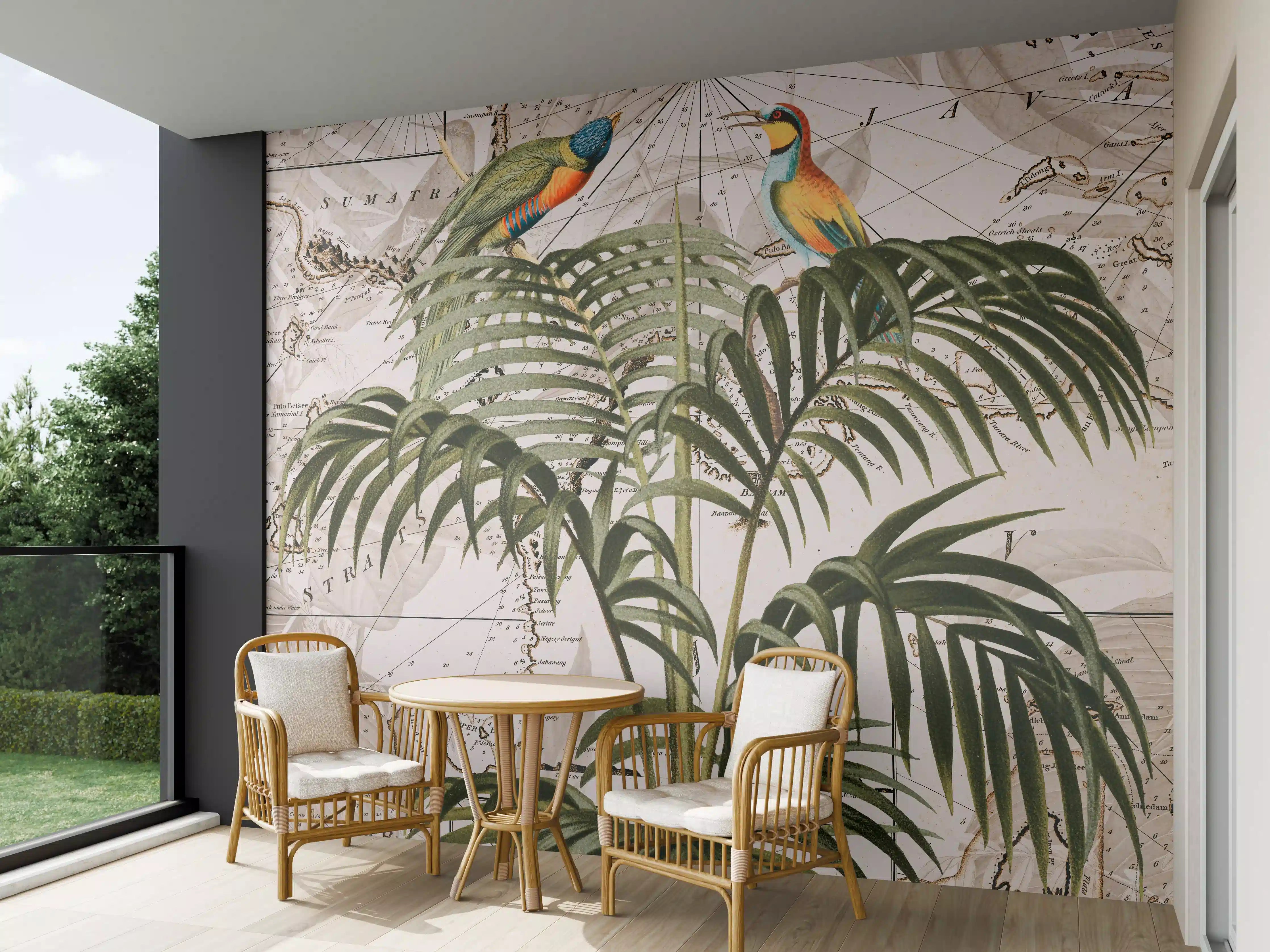 Wandverkleidung außen - Exotischer Papageienstrauch vor antiker Seekarte