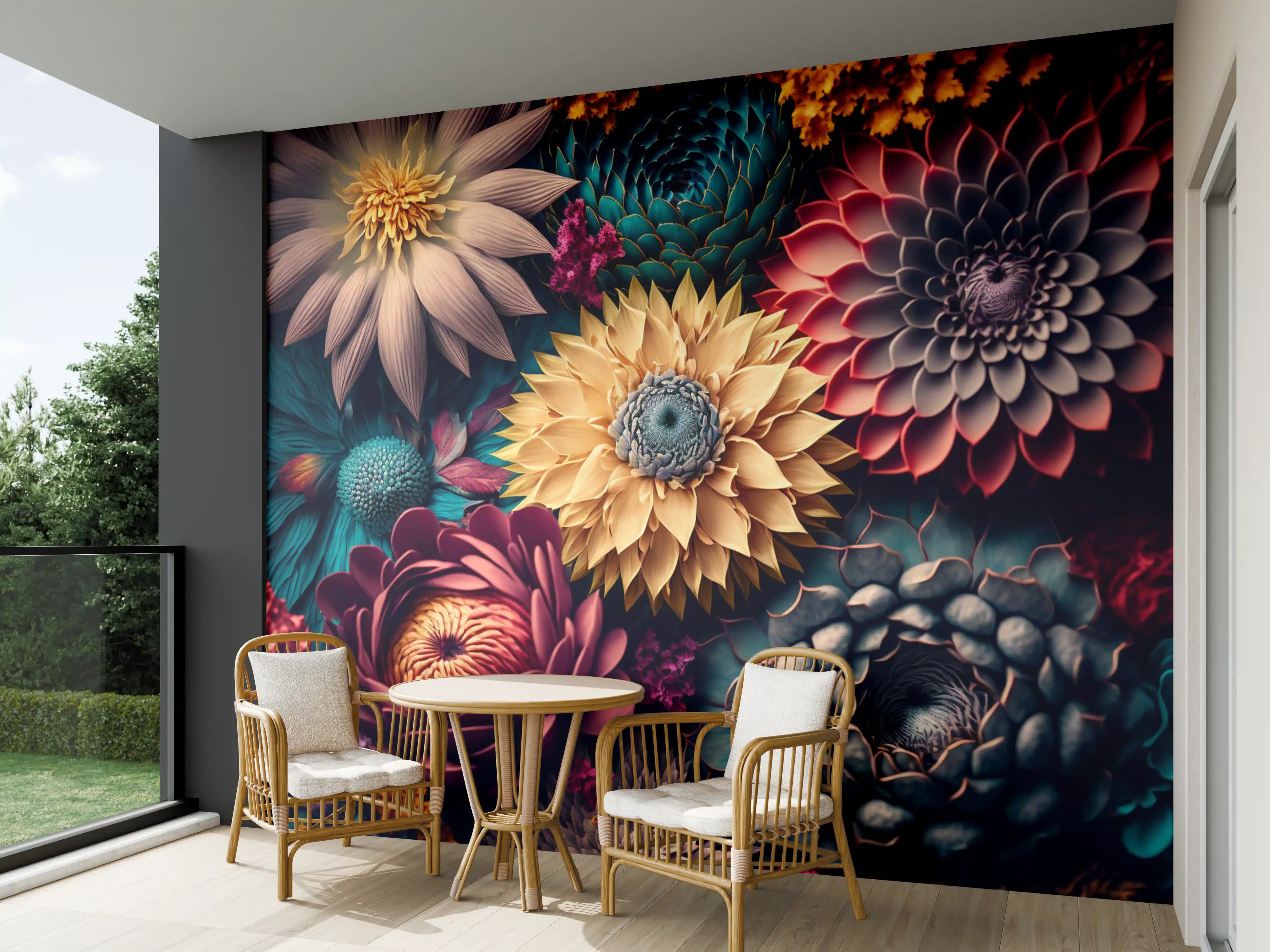 Wandverkleidung außen - Farbenfrohe Blumenvielfalt mit dunklem Hintergrund