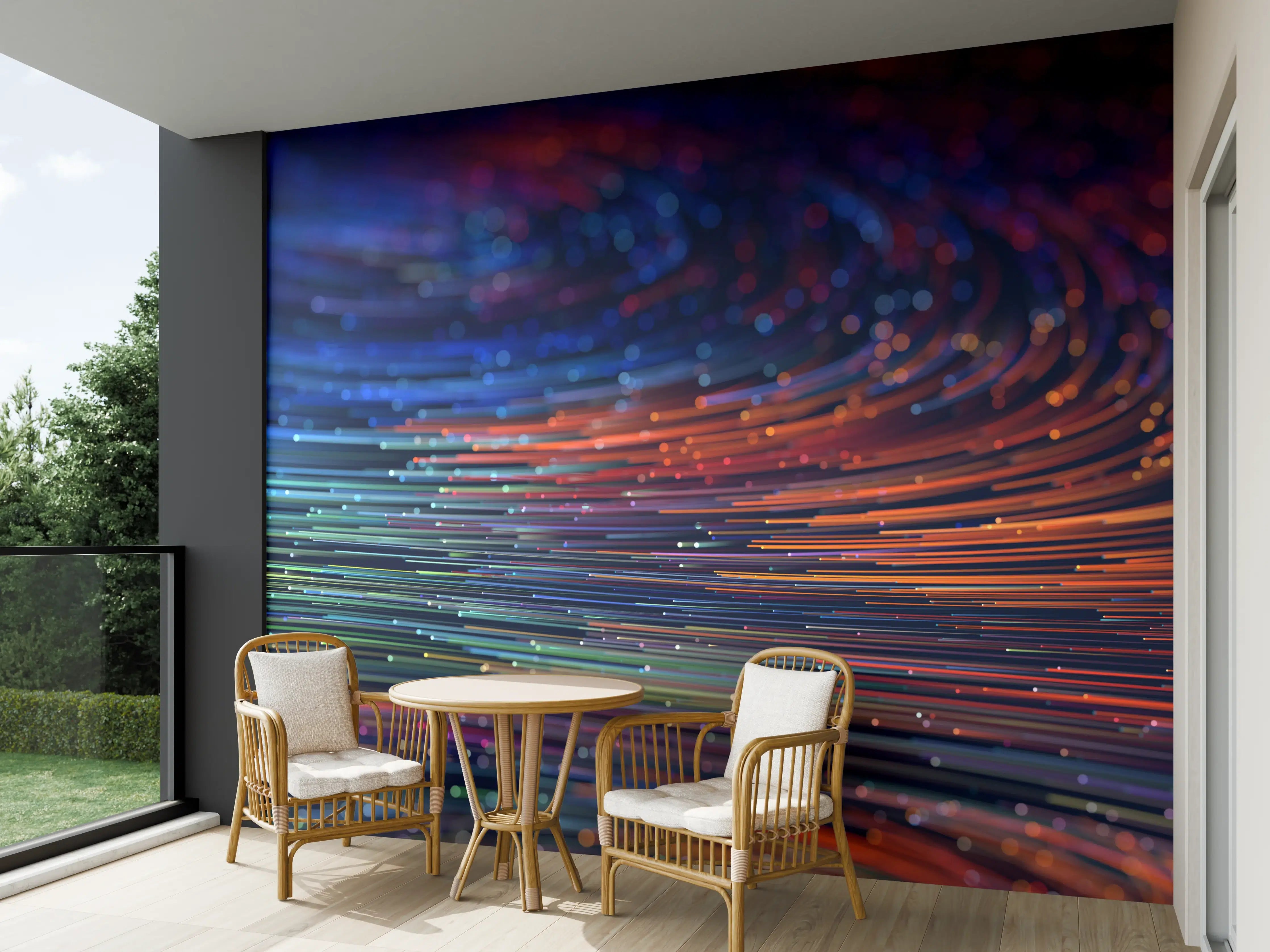 Wandverkleidung außen - Farbenfrohe digitale Kunst mit leuchtenden Linien