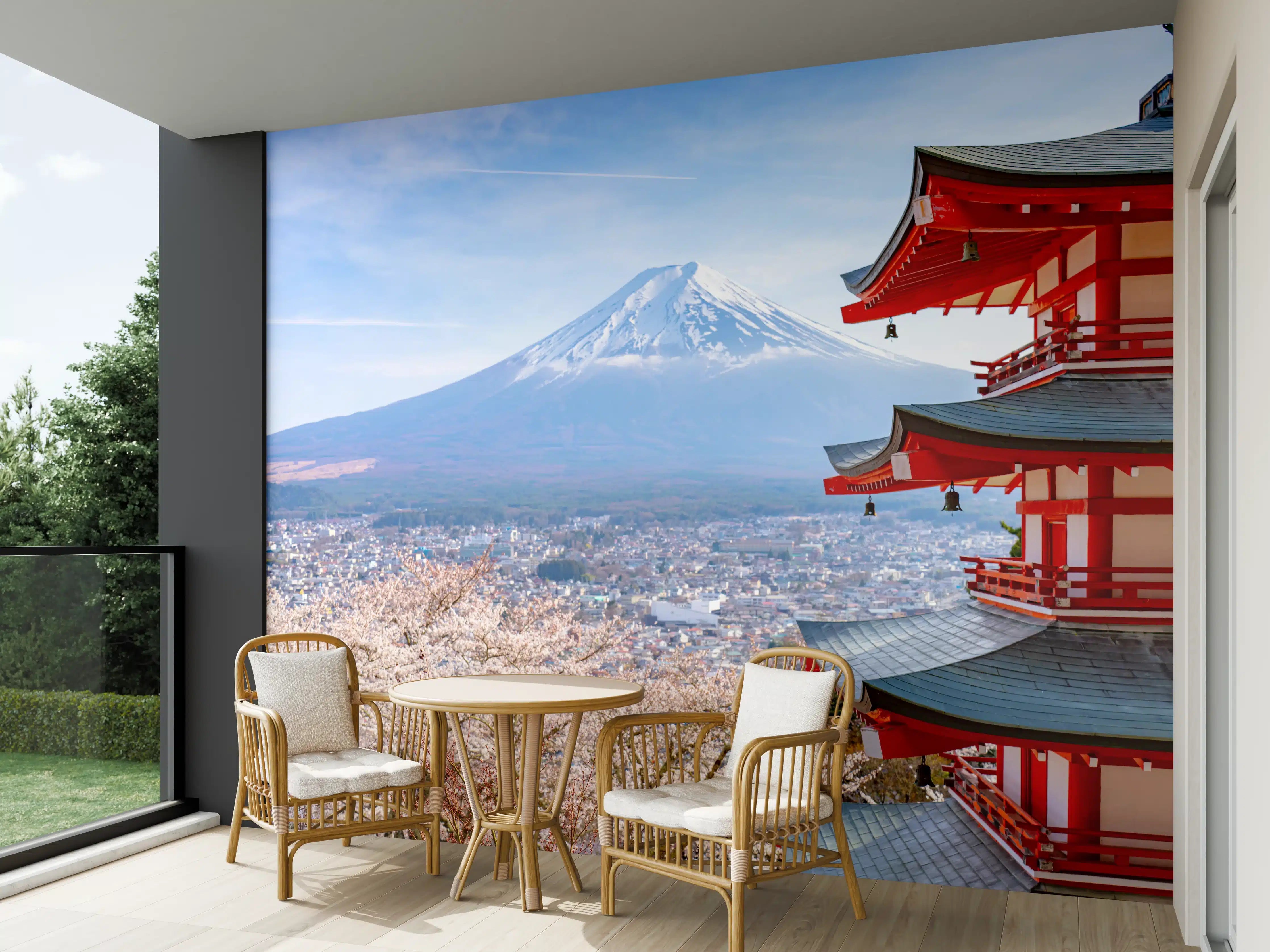 Wandverkleidung außen - Farbenfroher Tempel mit Blick auf Berg Fuji