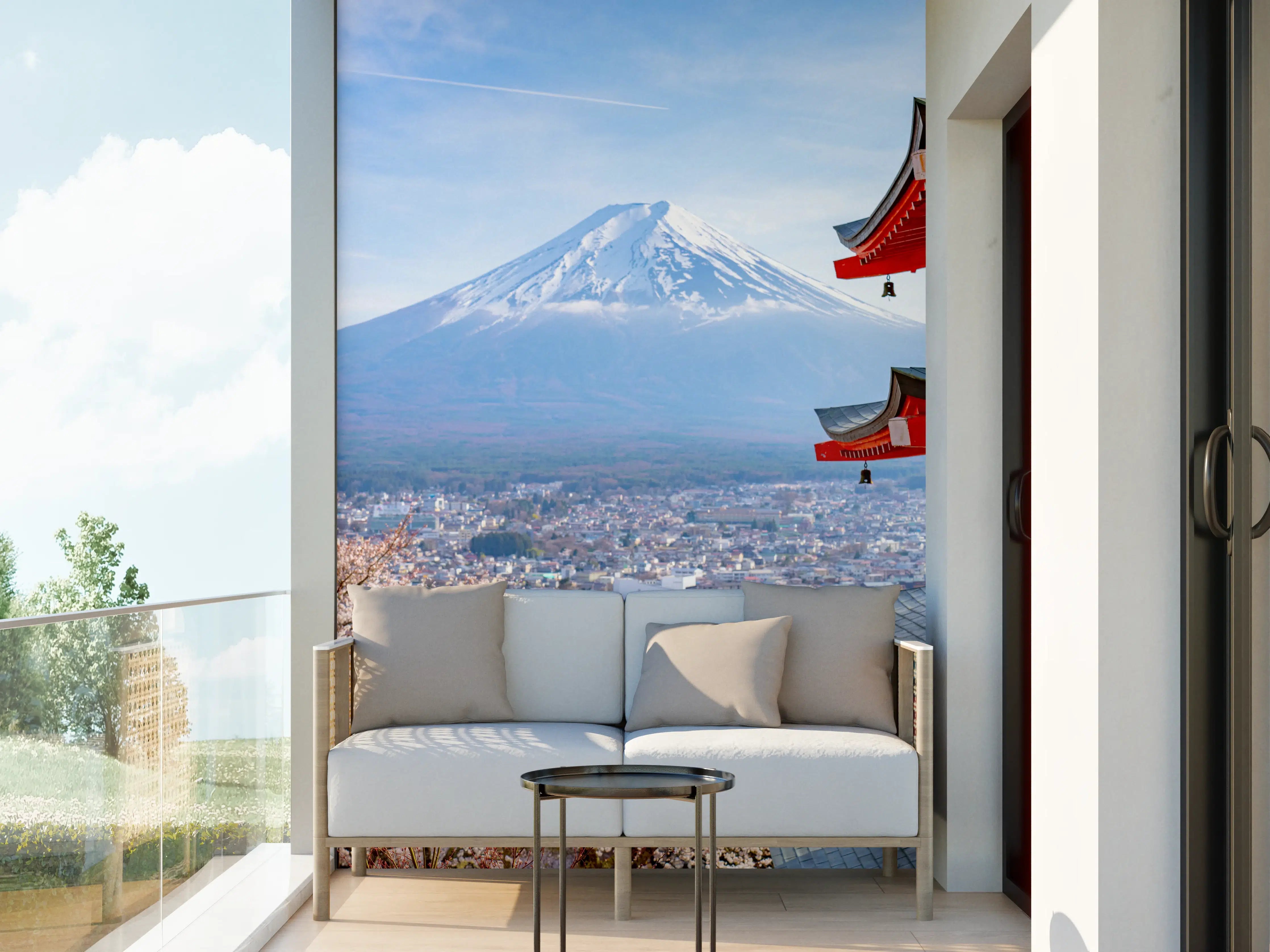 Wandverkleidung außen - Farbenfroher Tempel mit Blick auf Berg Fuji