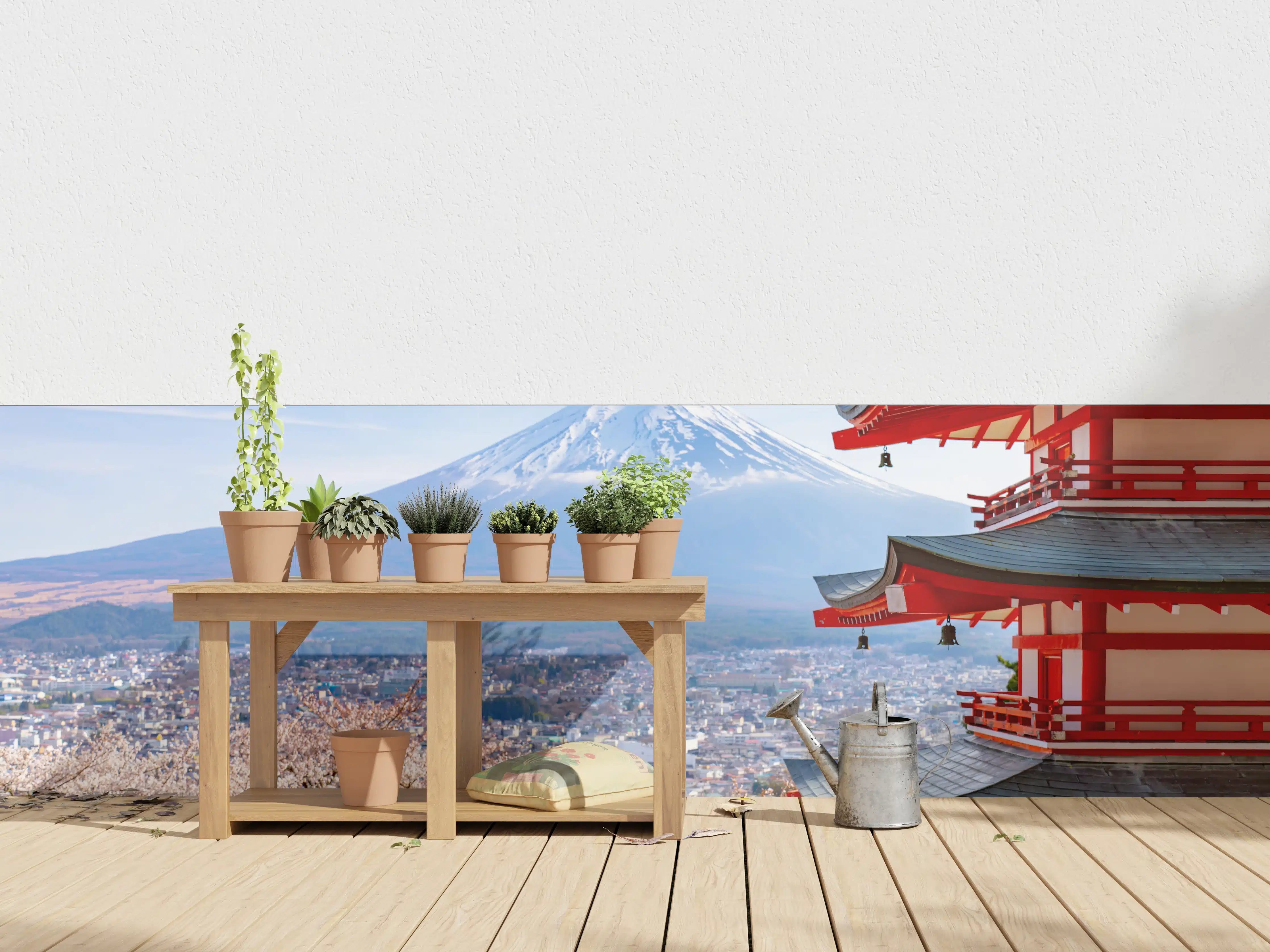 Wandverkleidung außen - Farbenfroher Tempel mit Blick auf Berg Fuji