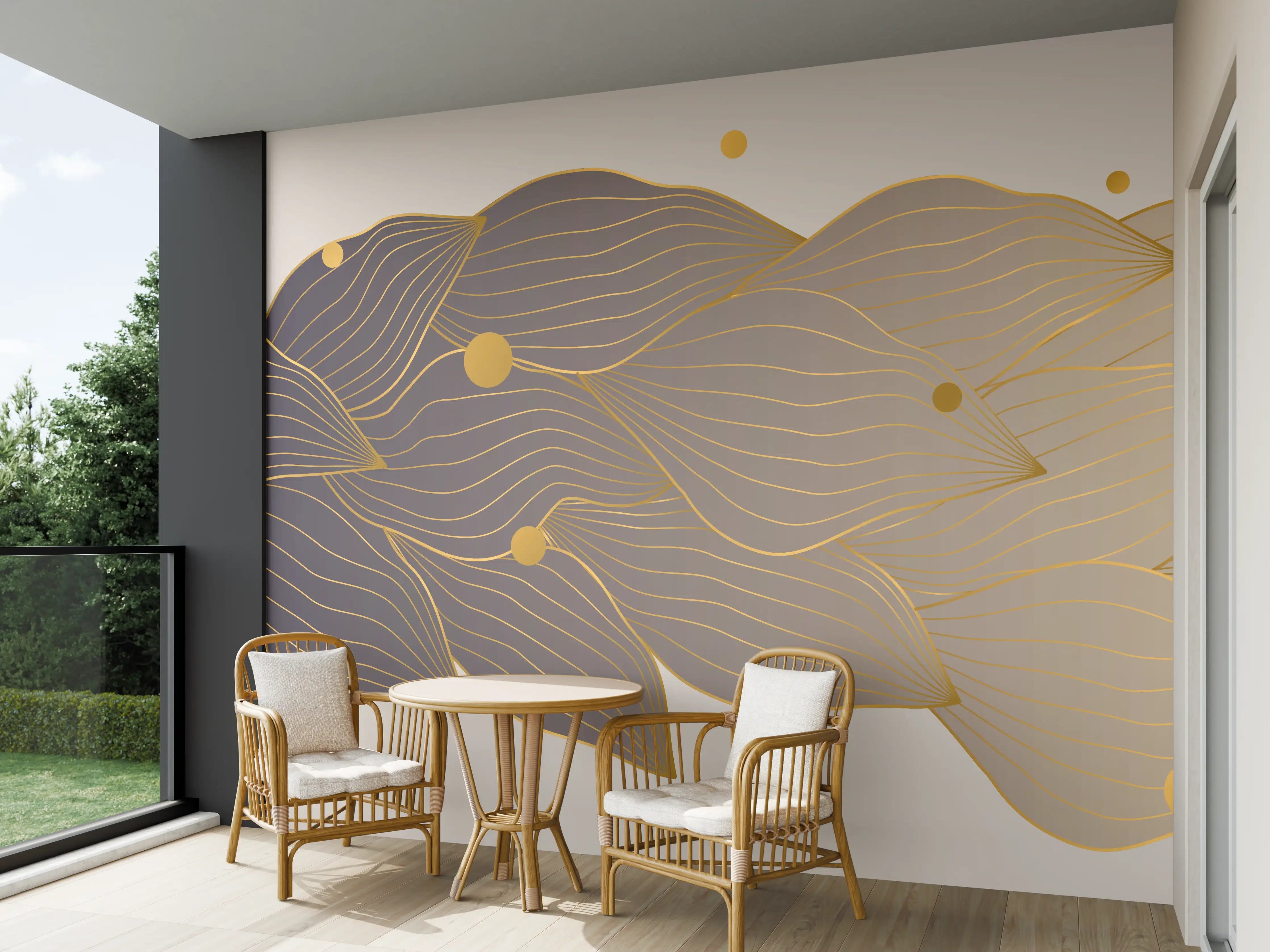 Wandverkleidung außen - Feine Goldlinien Kunst auf weißem Untergrund