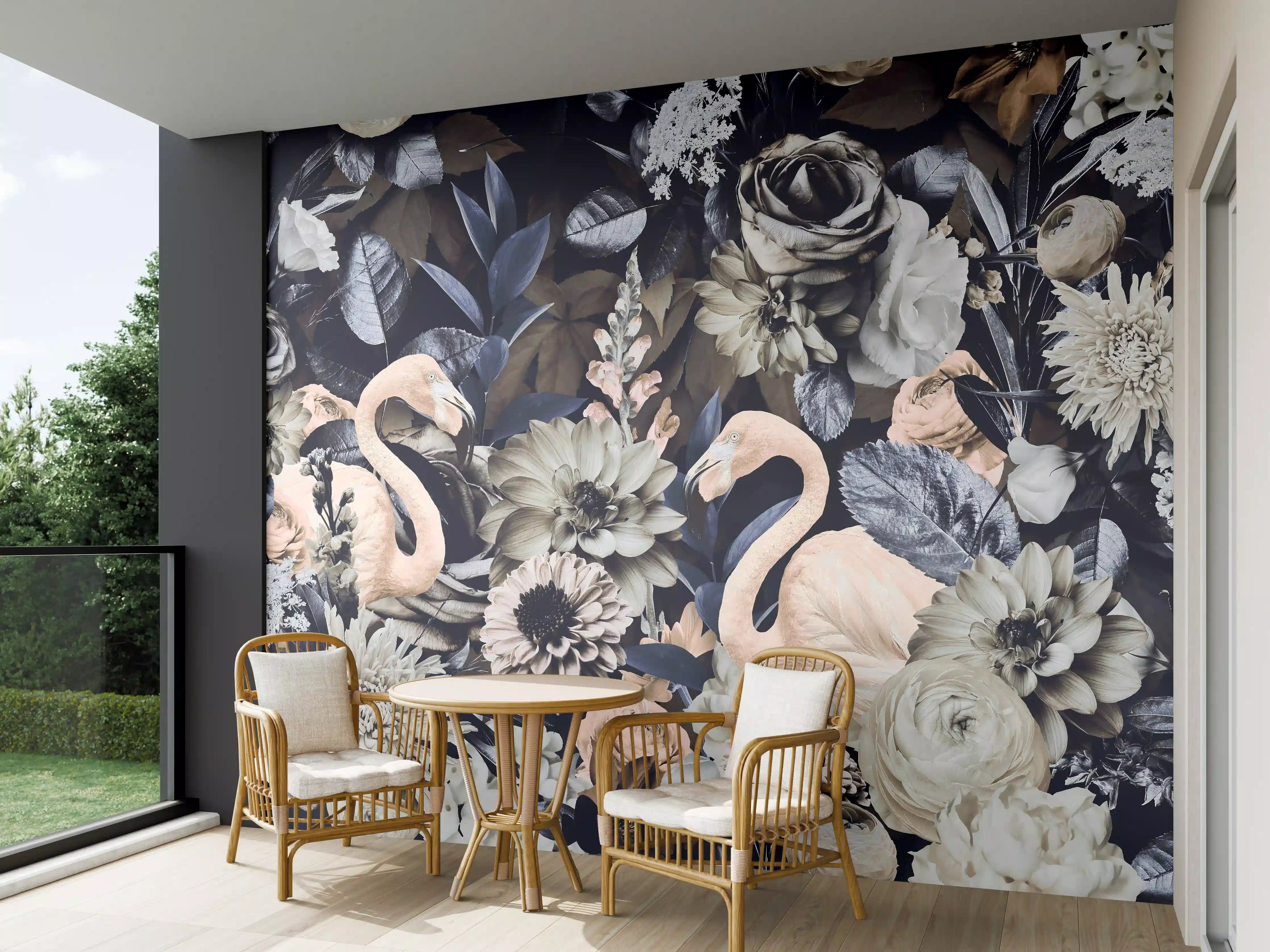 Wandverkleidung außen - Floral-Flamingo Muster Grau-Weiß