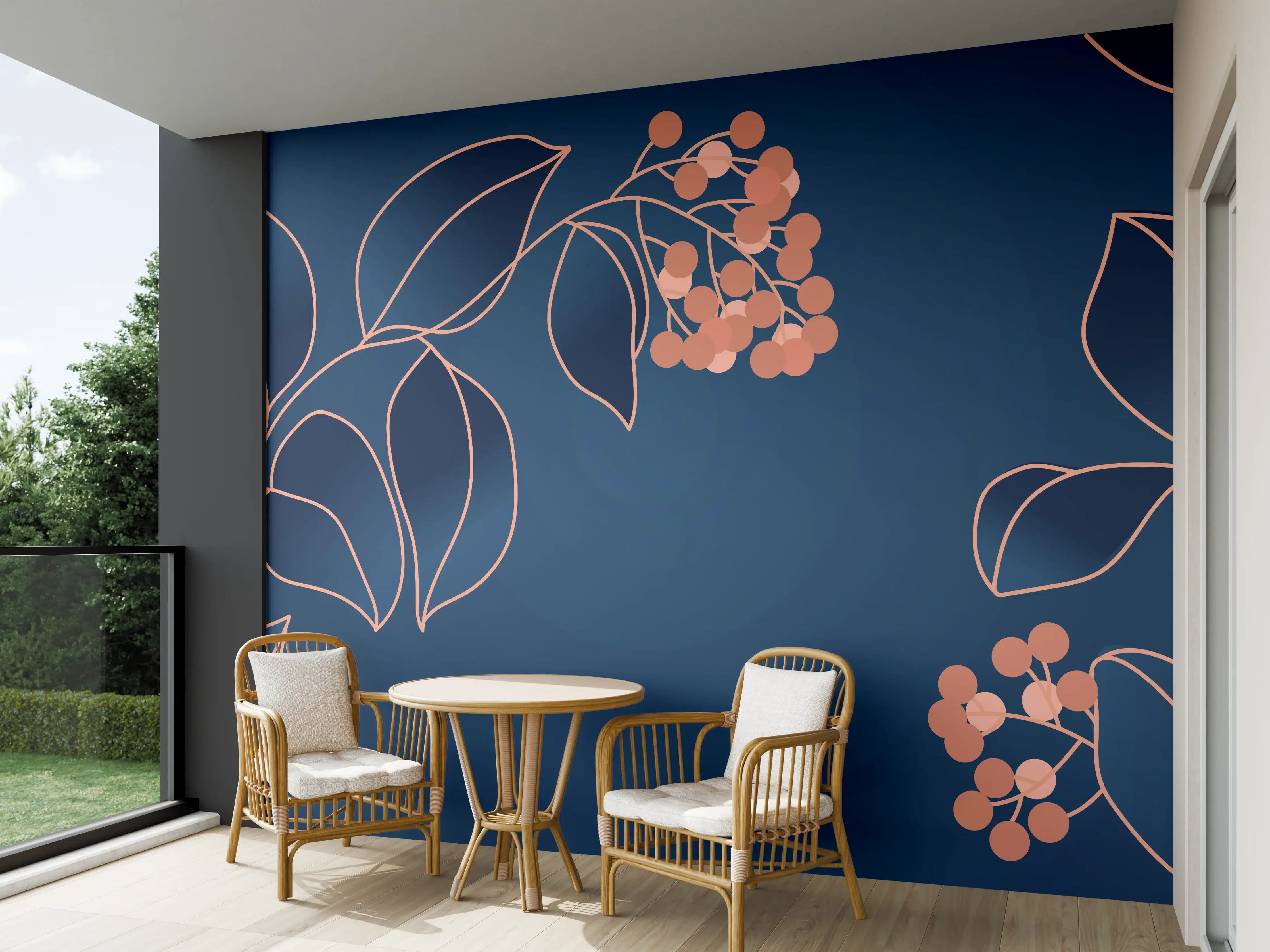 Wandverkleidung außen - Florales Muster Navy-Orange