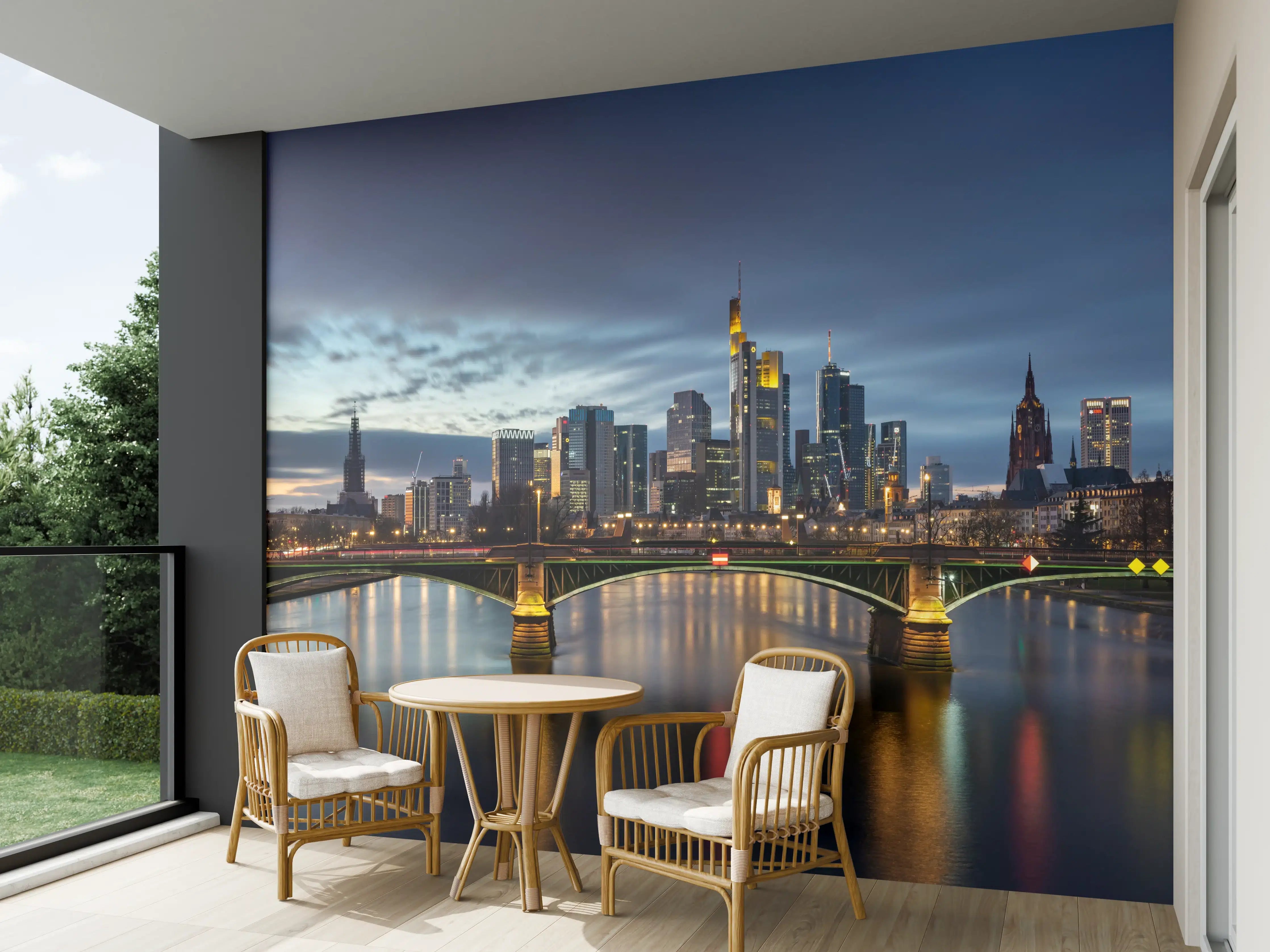 Wandverkleidung außen - Flussansicht in der Dämmerung von Frankfurt