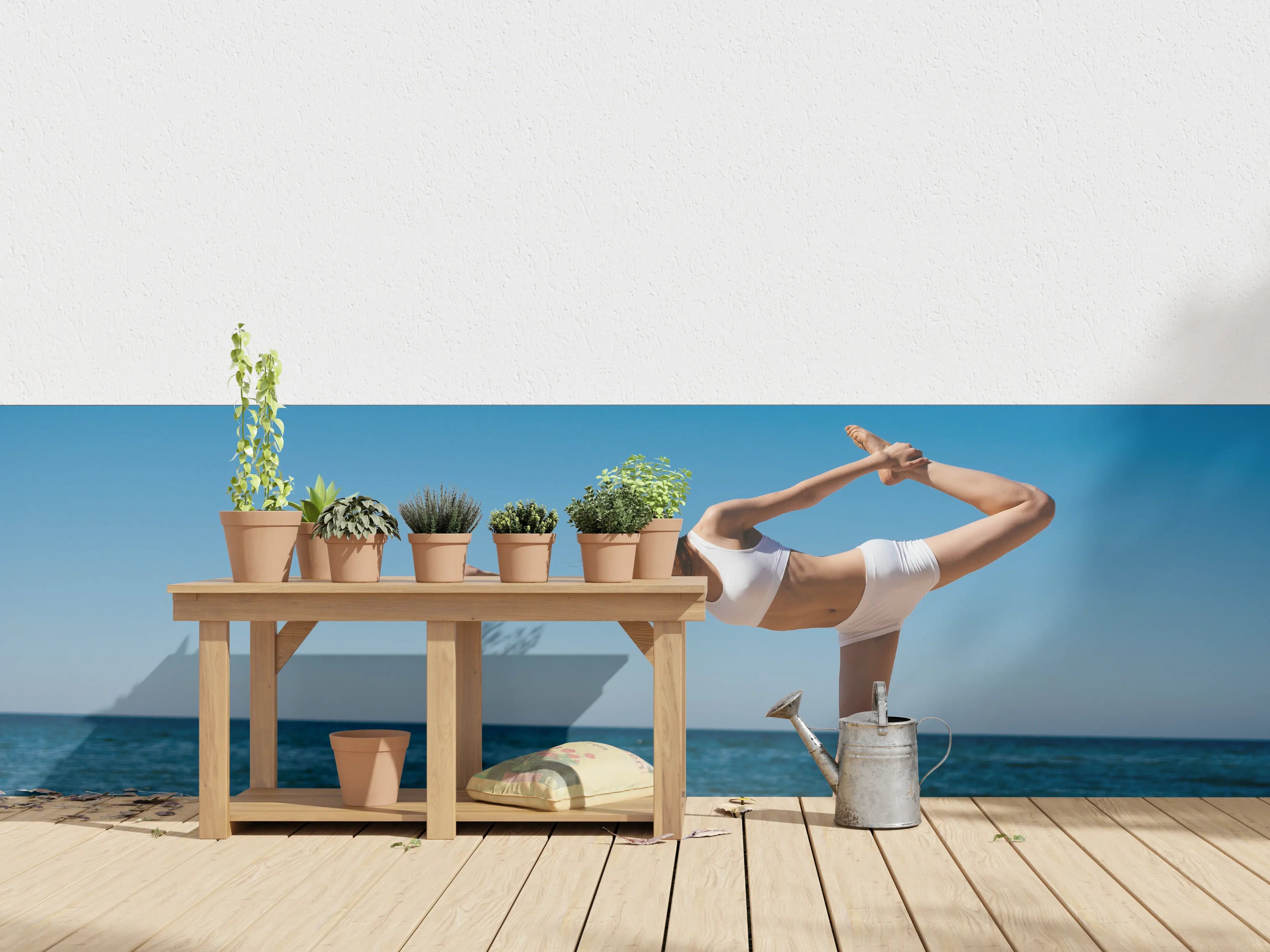Wandverkleidung außen - Frau im Badeanzug beim Yoga über Meereslandschaft