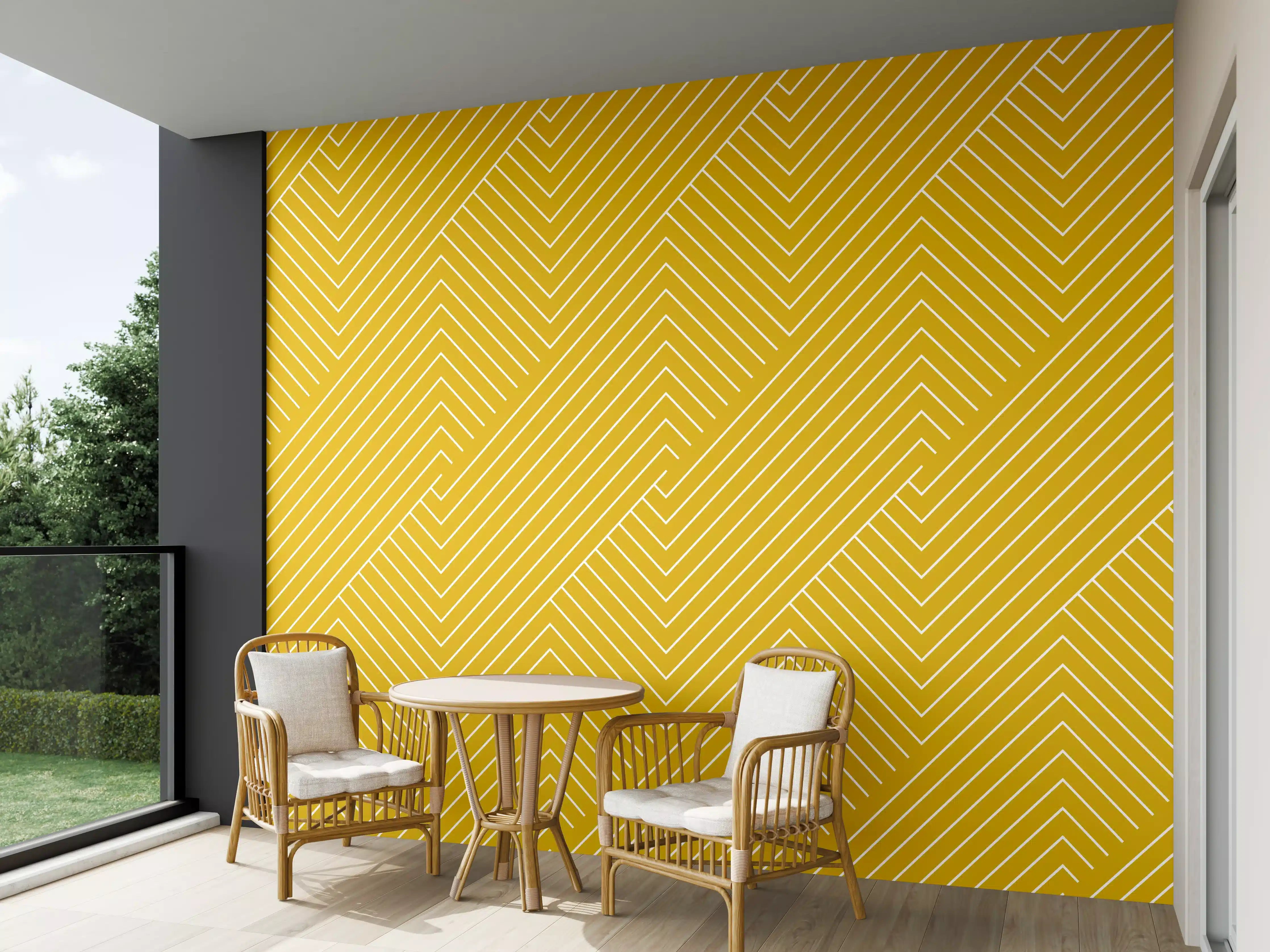 Wandverkleidung außen - Gelbe geometrische Fliesen mit weißen und grauen Nuancen