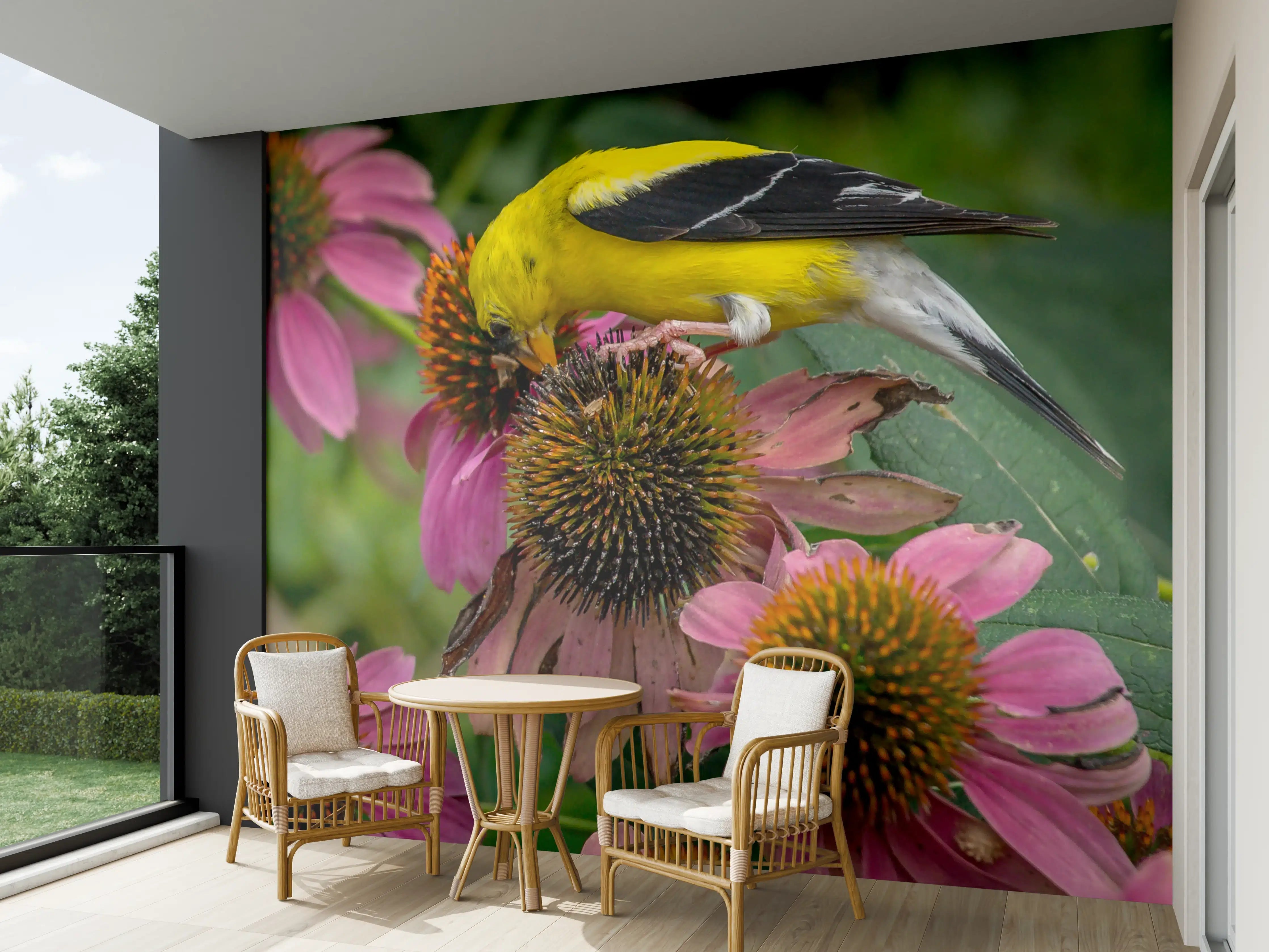 Wandverkleidung außen - Gelber Vogel auf Pinken Blumen