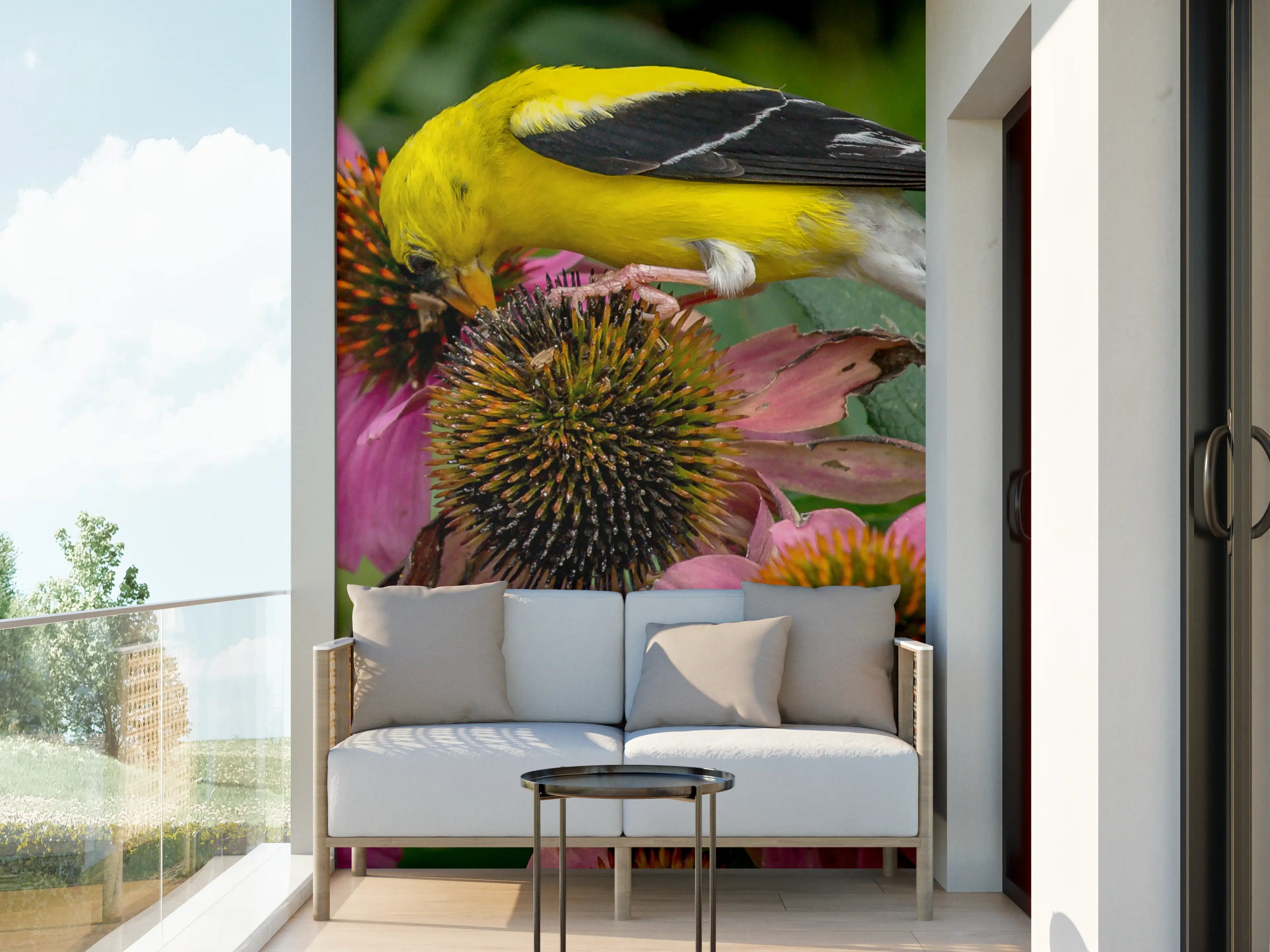 Wandverkleidung außen - Gelber Vogel auf Pinken Blumen