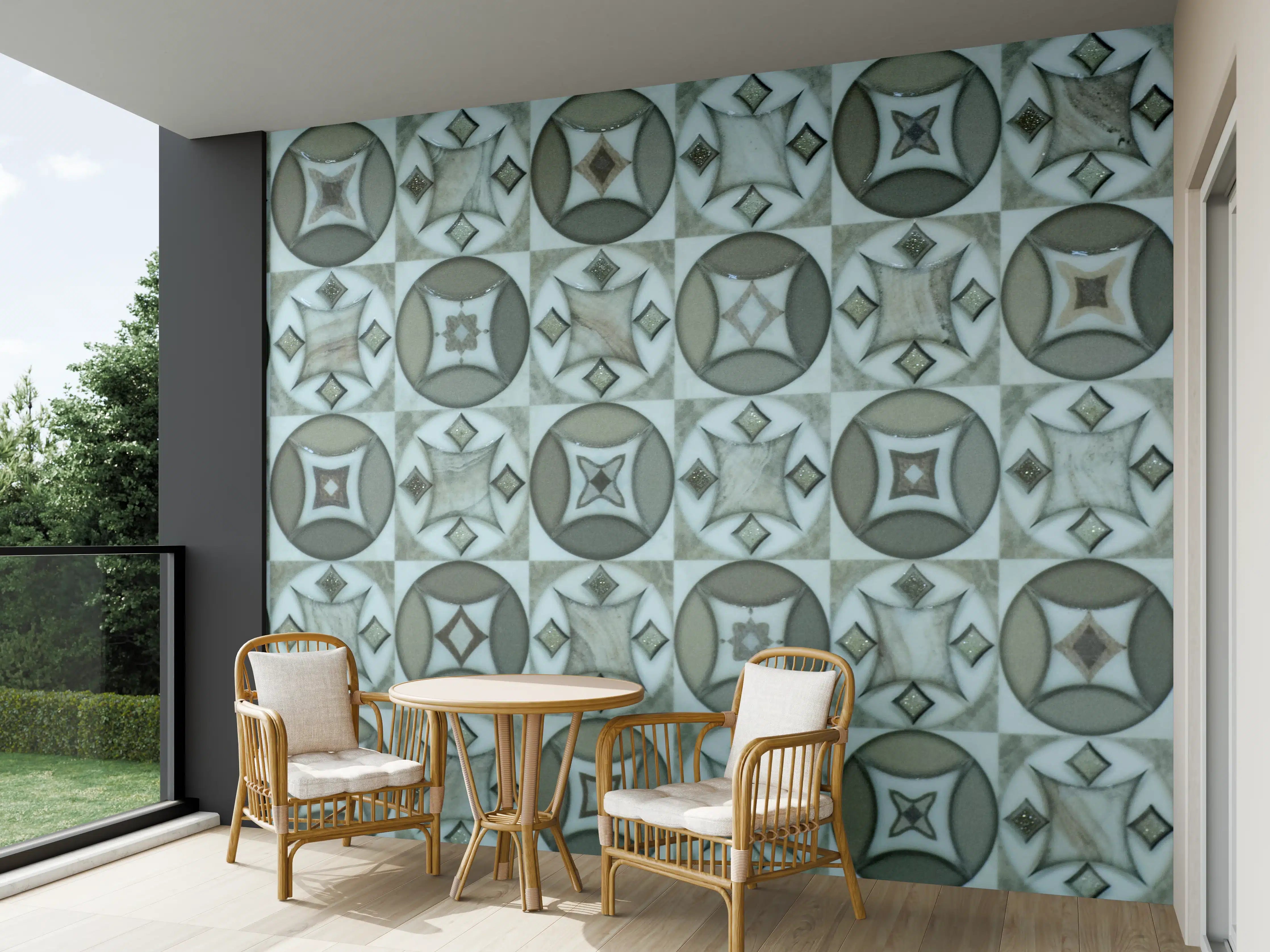 Wandverkleidung außen - Geomantisierte Muster in Grau-Blau