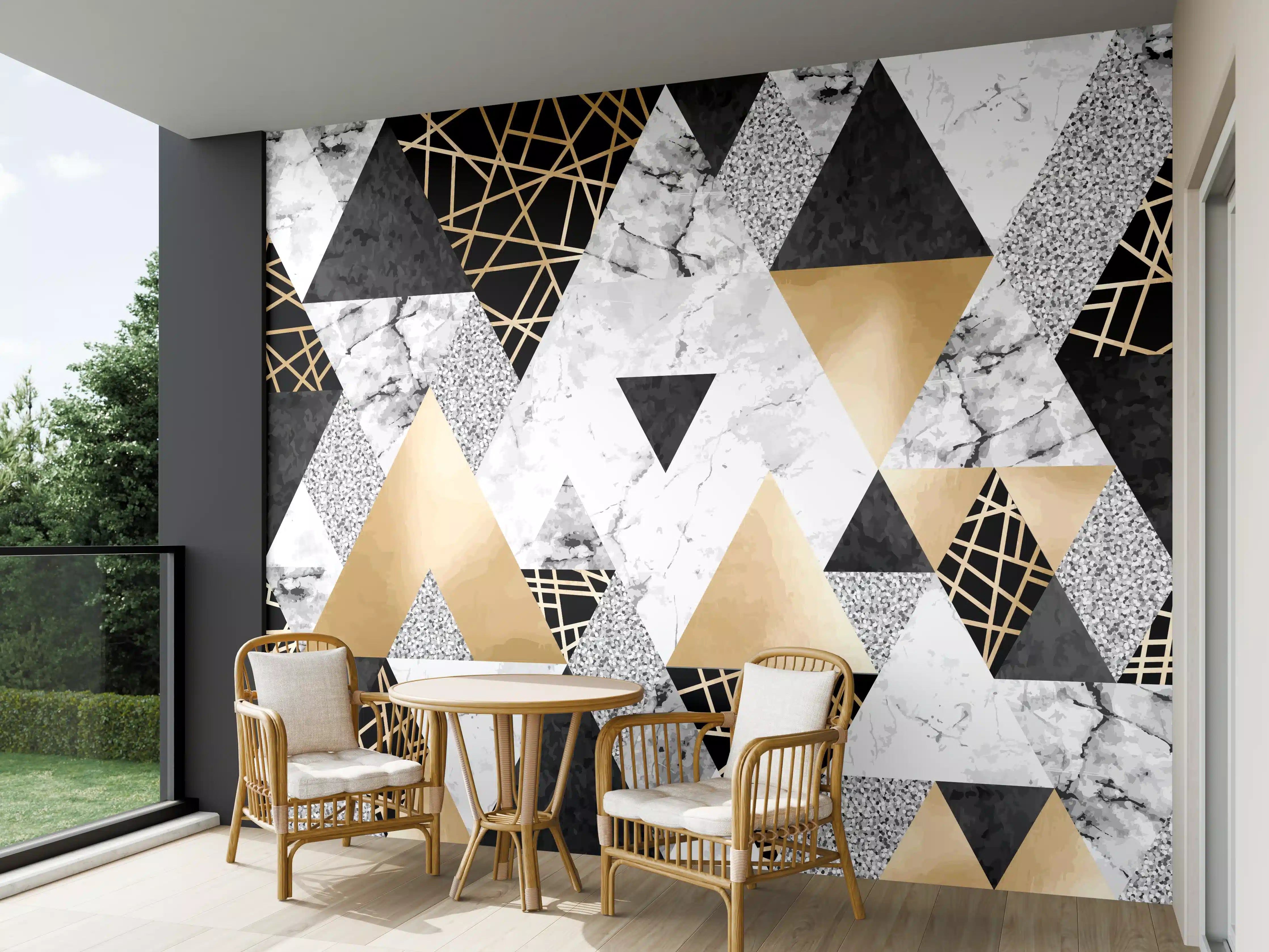 Wandverkleidung außen - Geometrische Gold-Schwarz-Weiß-Muster