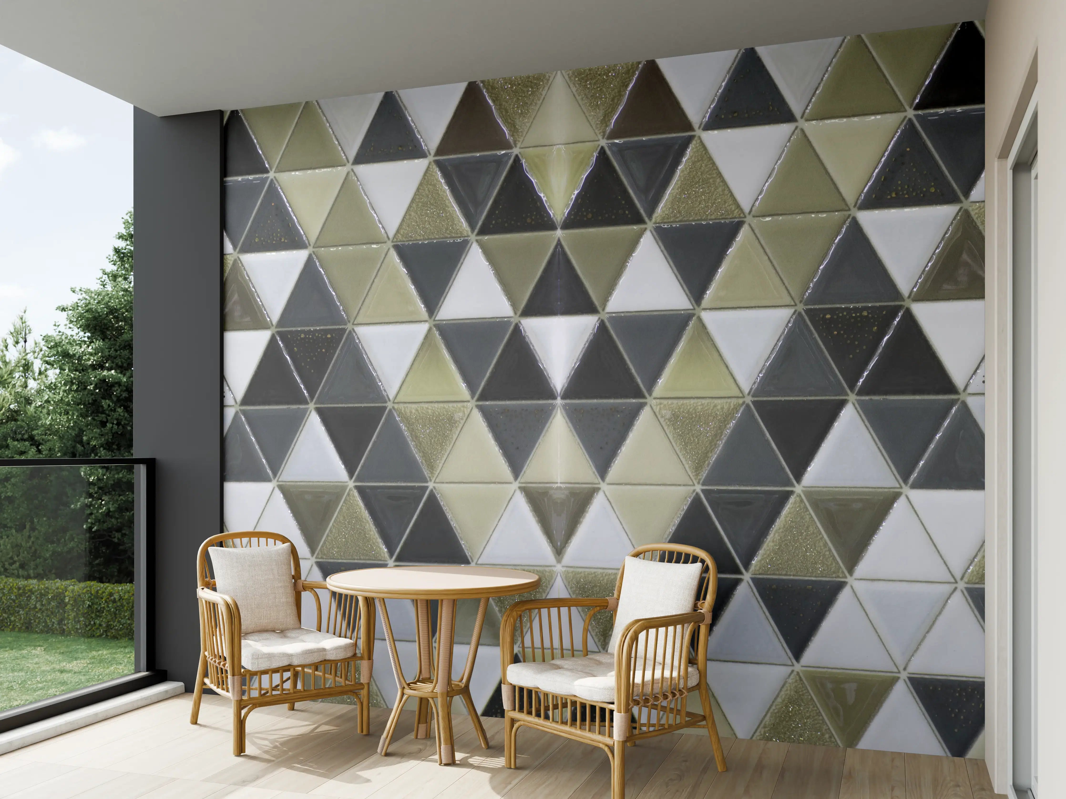 Wandverkleidung außen - Geometrisches Fliesenmuster Schwarz Weiß Gold