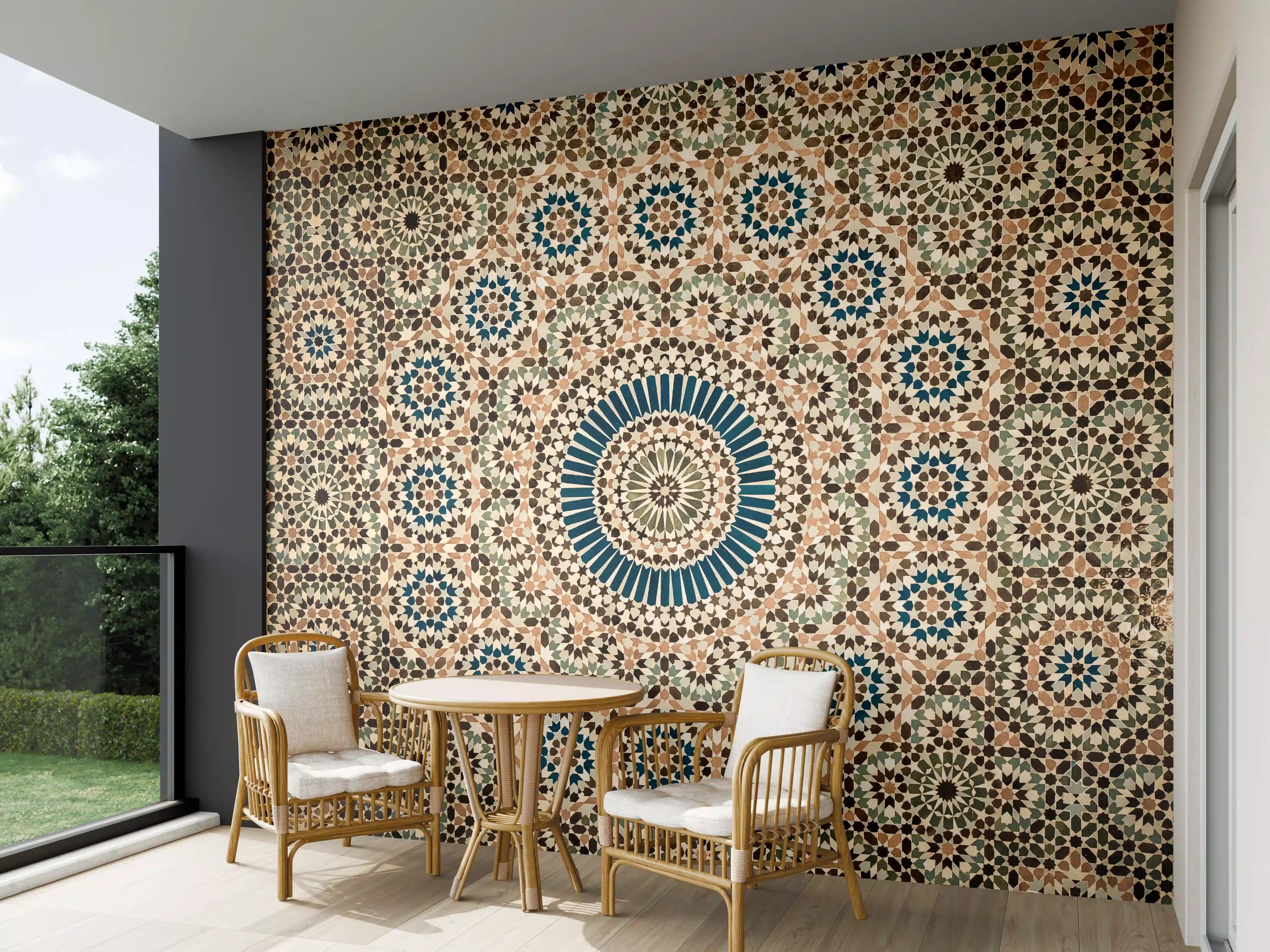 Wandverkleidung außen - Geometrisches Mosaik mit Blautönen und Erdtönen