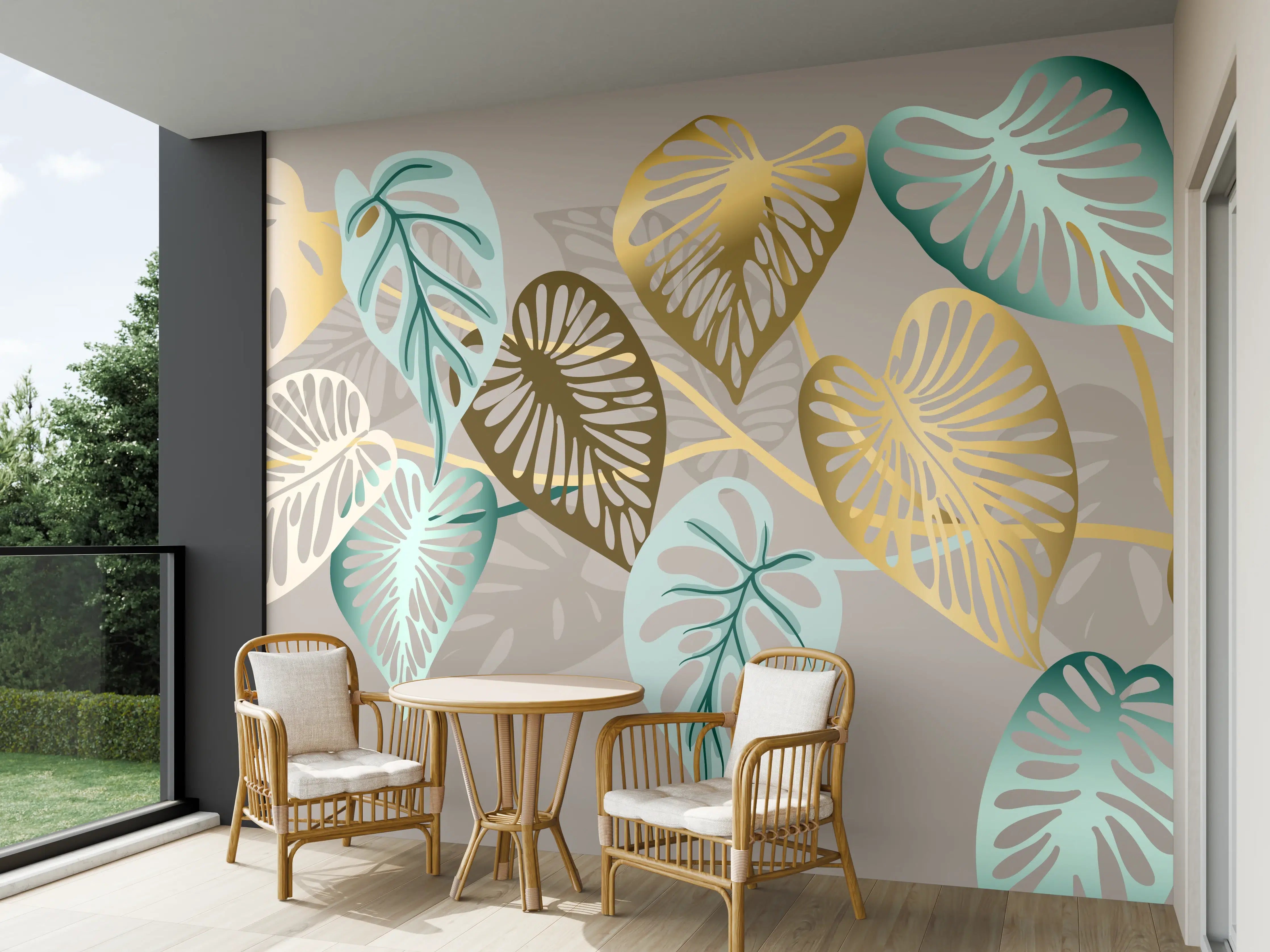 Wandverkleidung außen - Gold-Beige Blätter-Muster-Dekor