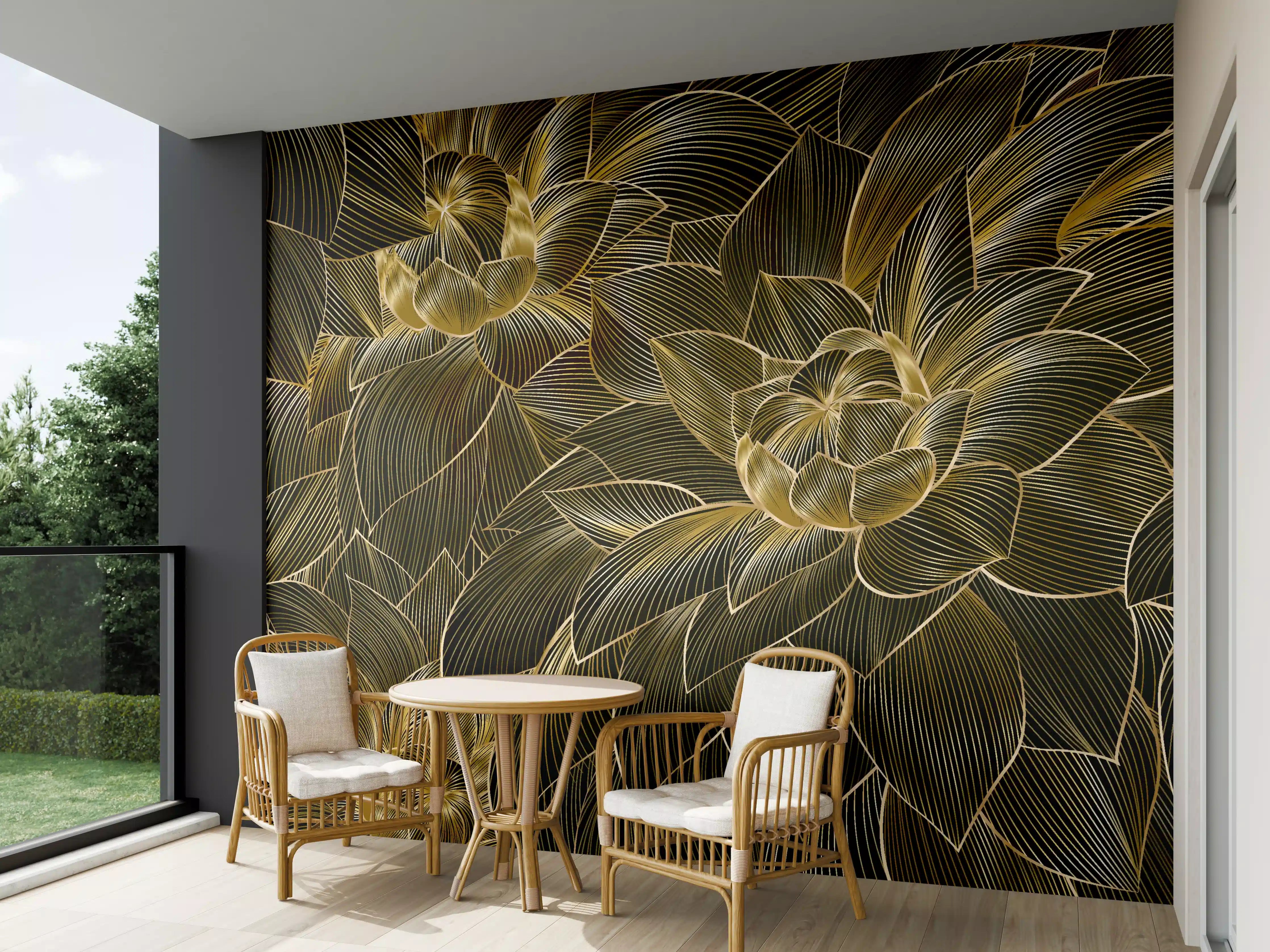 Wandverkleidung außen - Goldene Blütenmuster Tapete