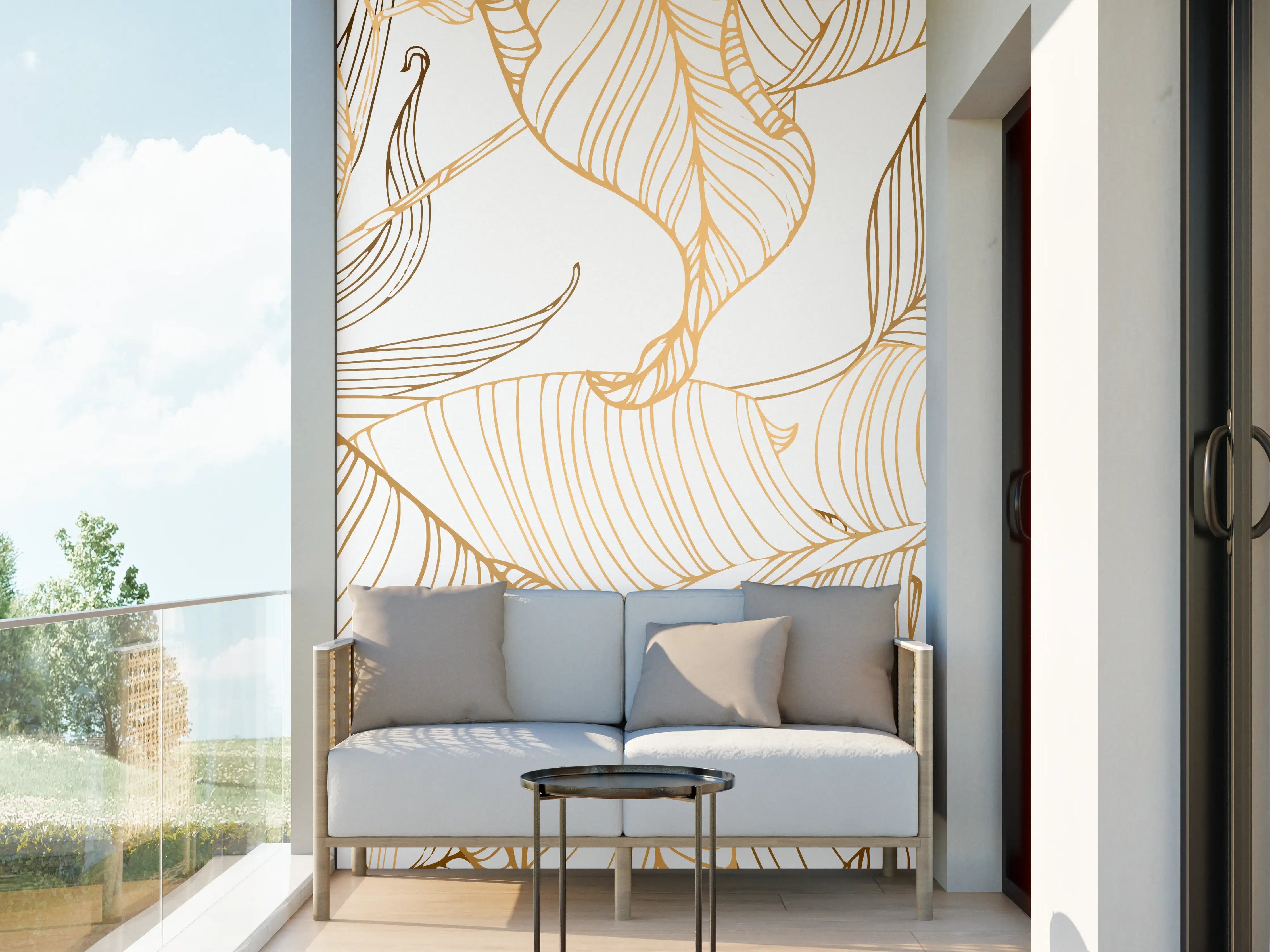 Wandverkleidung außen - Goldene Lineart Blattmuster Kunst