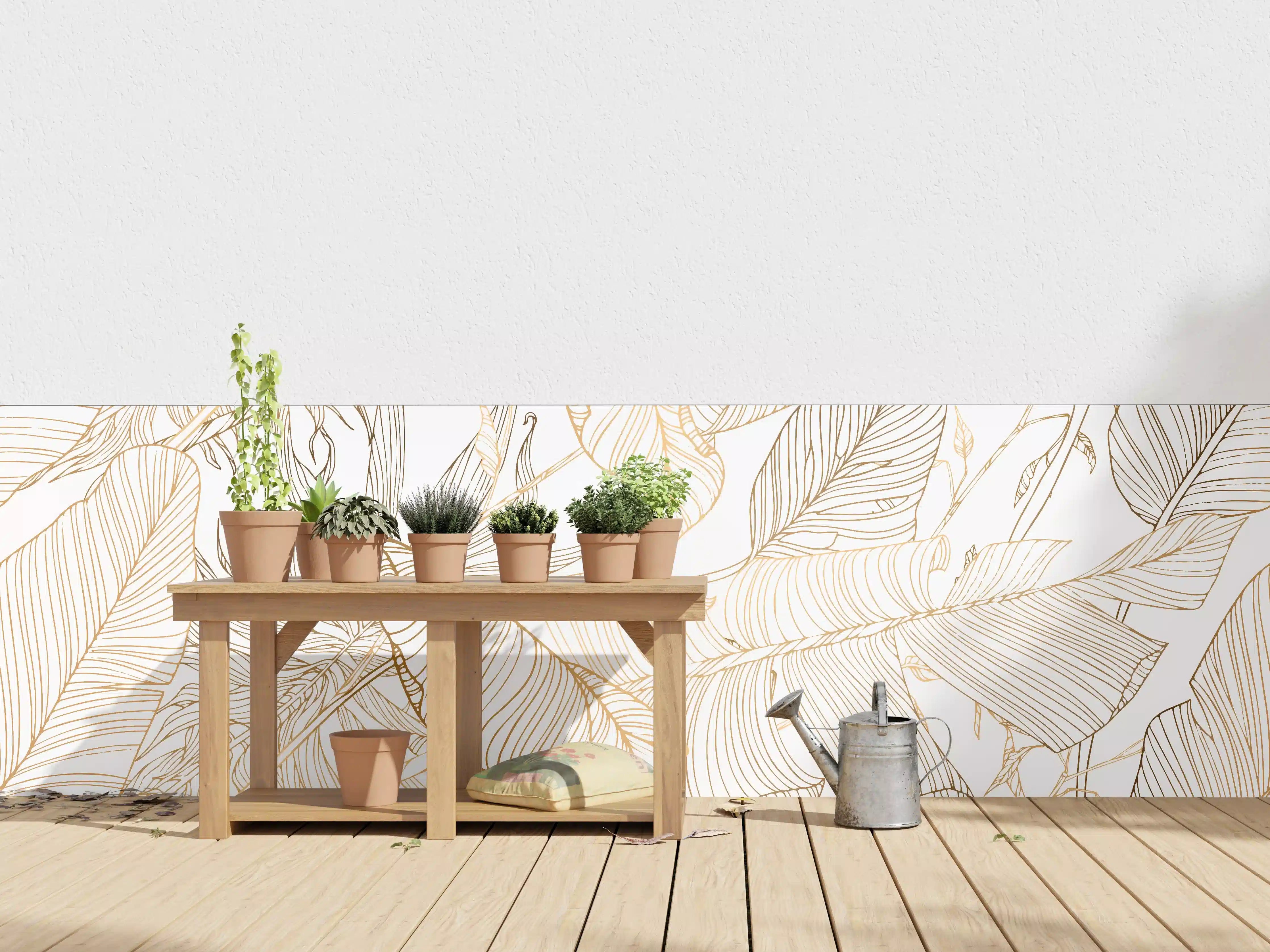 Wandverkleidung außen - Goldene Lineart Blattmuster Kunst